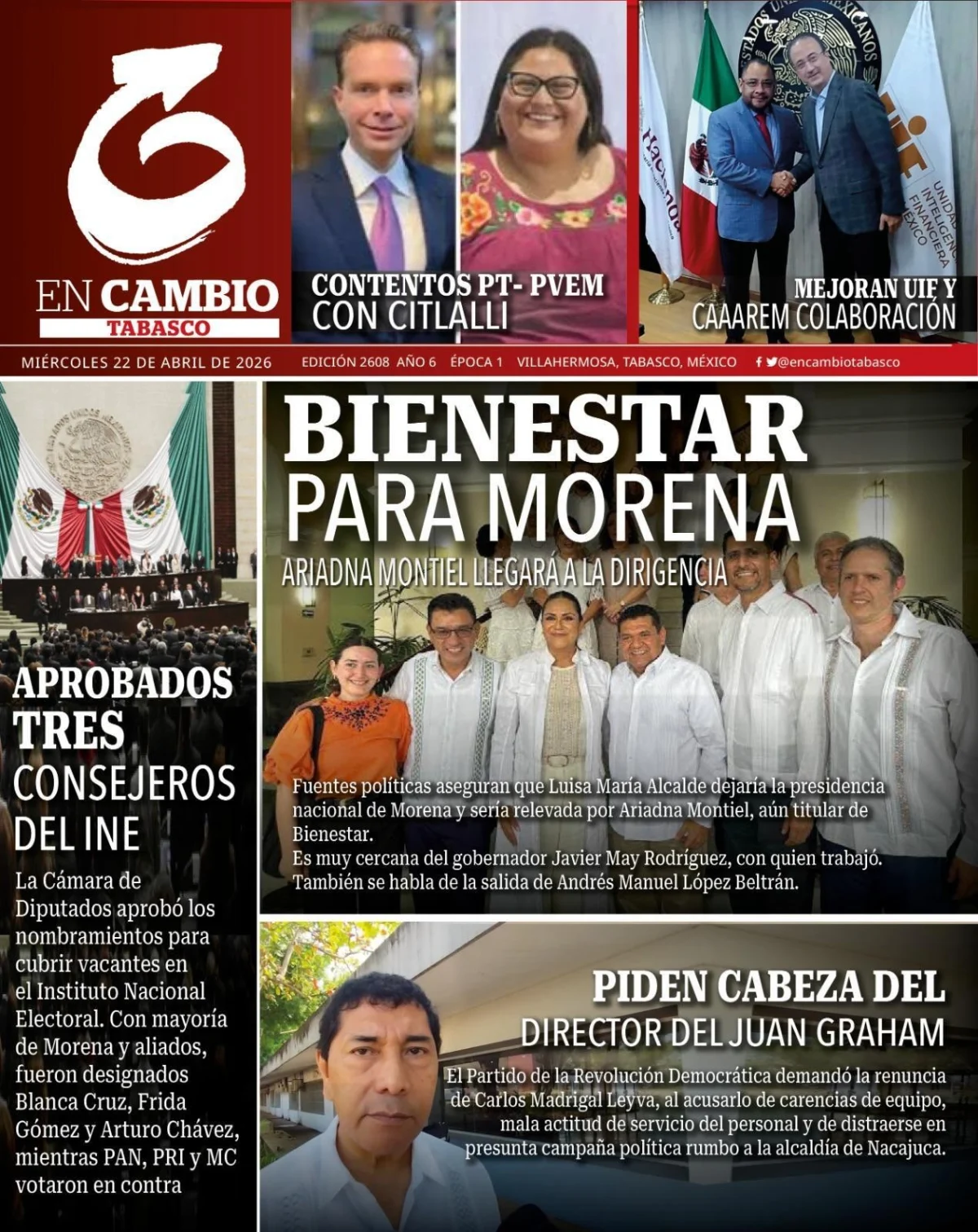Portada de En Cambio - Tabasco (portada) del miércoles, 22 de abril de 2026