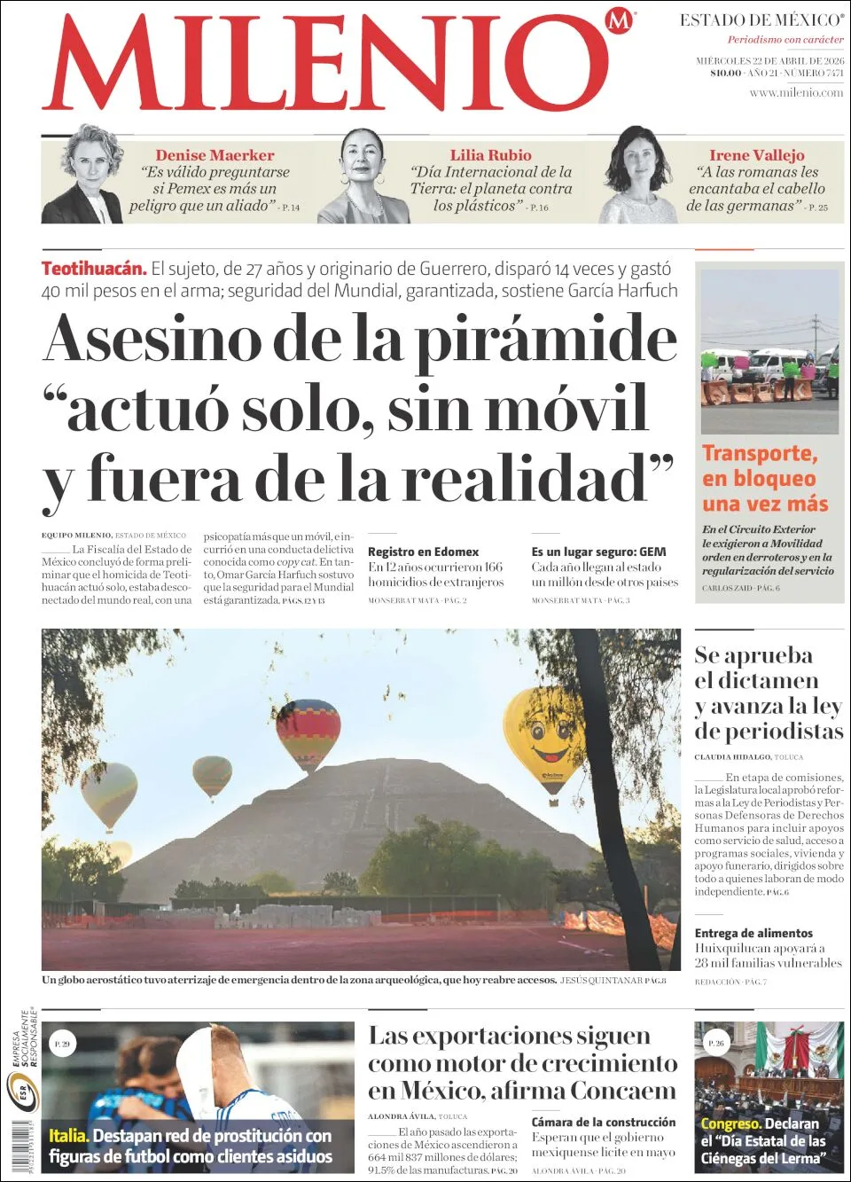 Portada de Milenio Edo de Mexico del miércoles, 22 de abril de 2026
