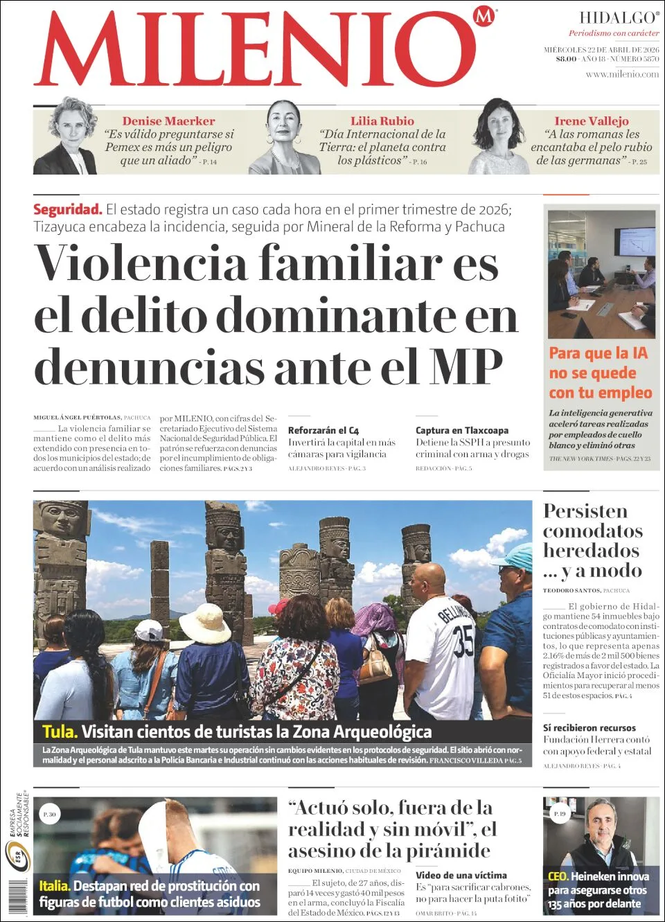 Portada de Milenio Hidalgo del miércoles, 22 de abril de 2026