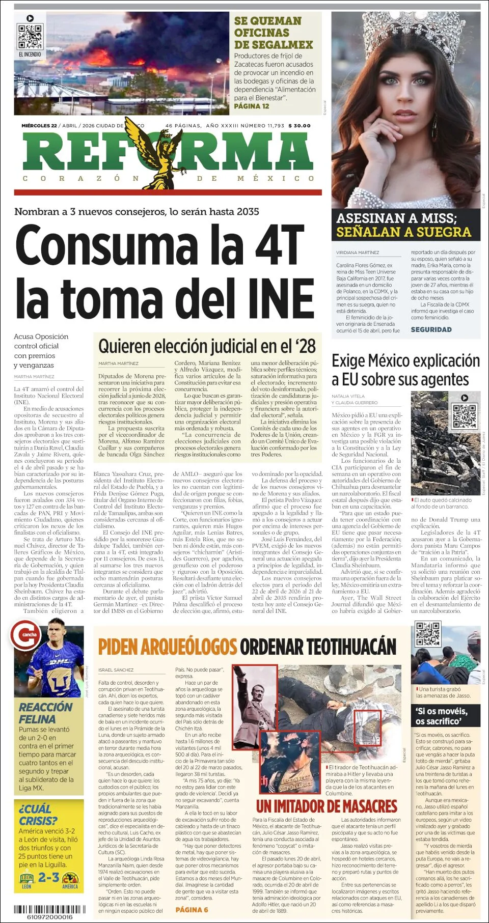 Portada de Reforma del miércoles, 22 de abril de 2026