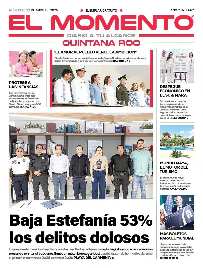 Portada de El Momento Quintana Roo del miércoles, 22 de abril de 2026
