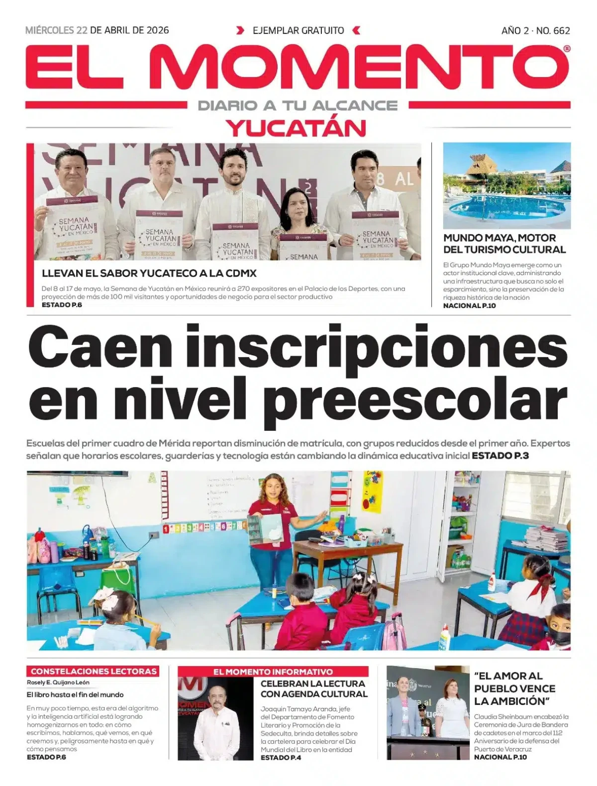 Portada de El Momento Yucatan del miércoles, 22 de abril de 2026