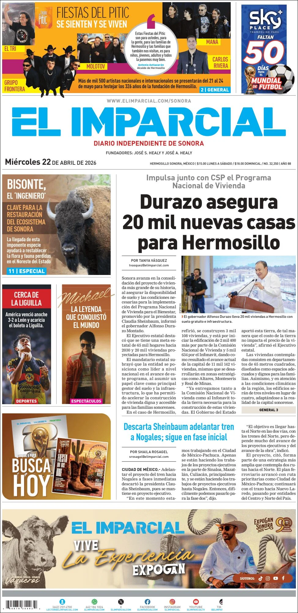 Portada de El Imparcial del miércoles, 22 de abril de 2026