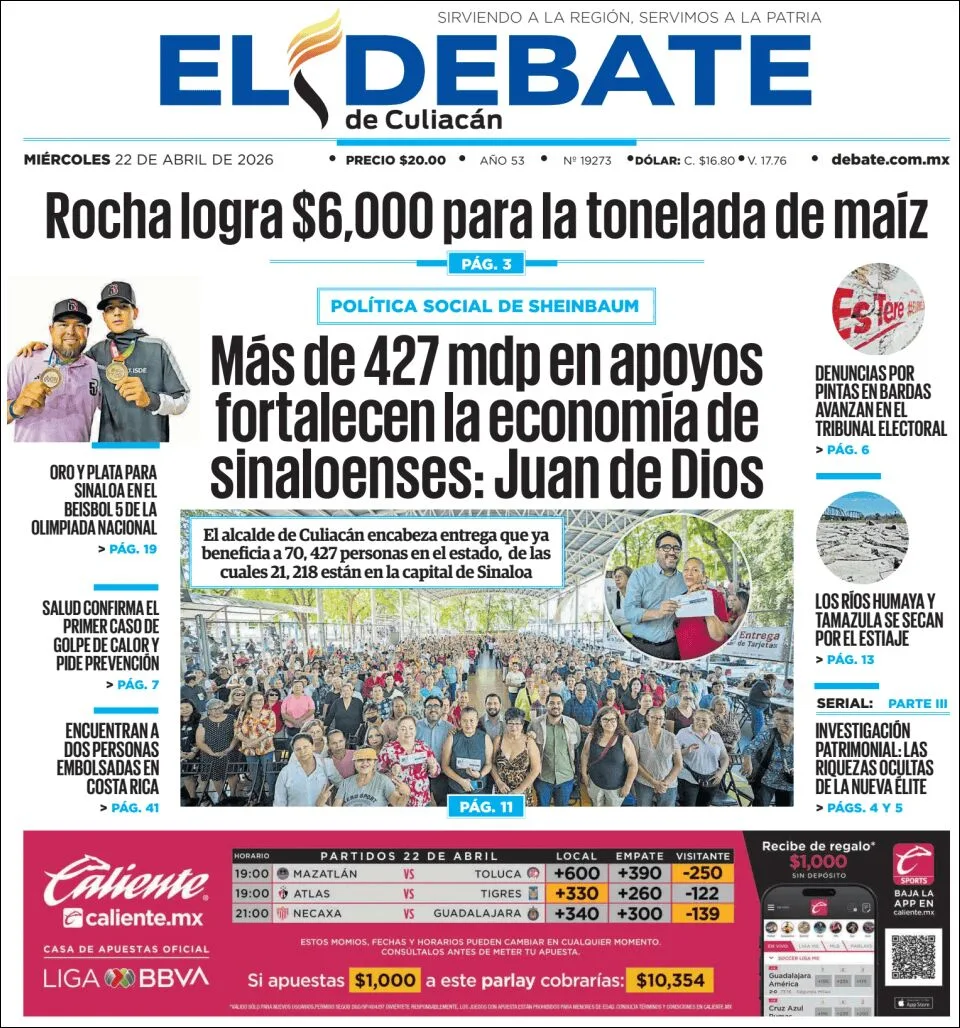 Portada de El Debate de Culiacan del miércoles, 22 de abril de 2026