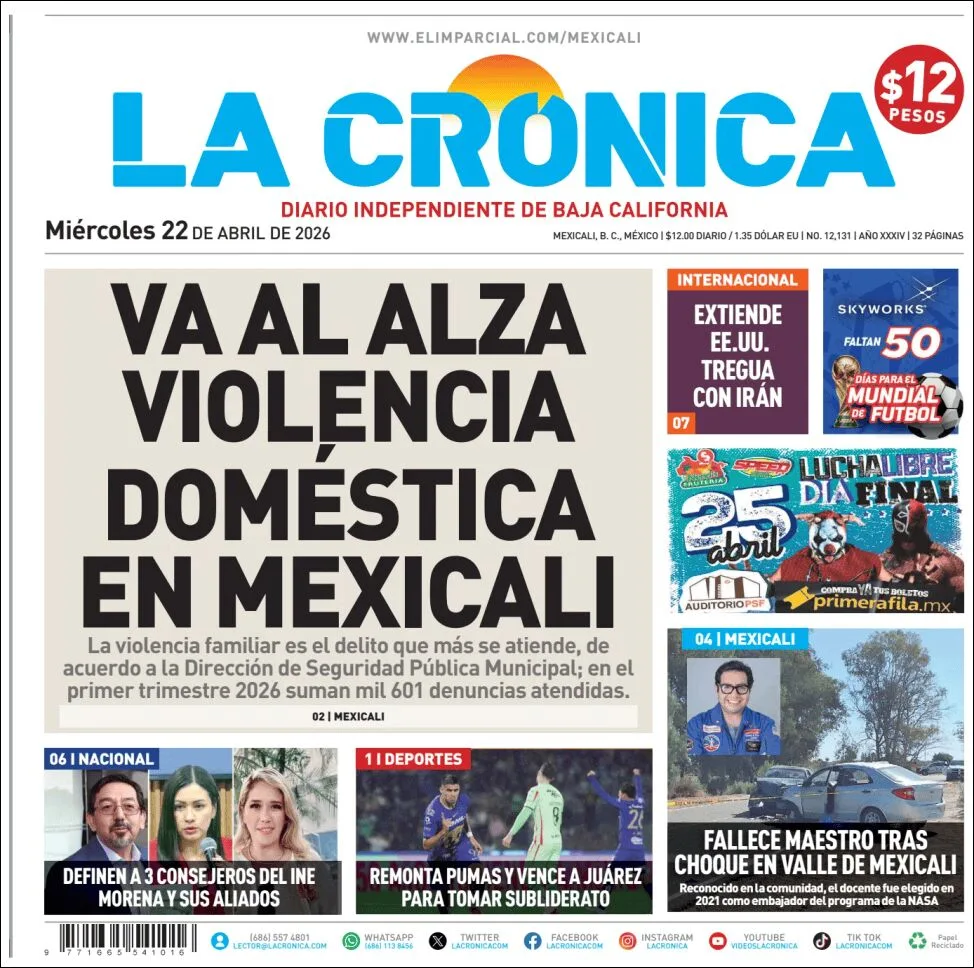 Portada de La Cronica del miércoles, 22 de abril de 2026