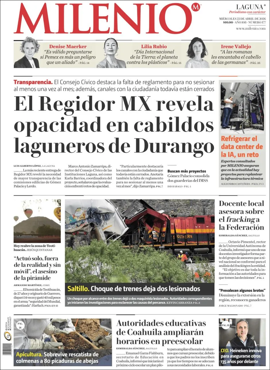 Portada de Milenio Laguna del miércoles, 22 de abril de 2026