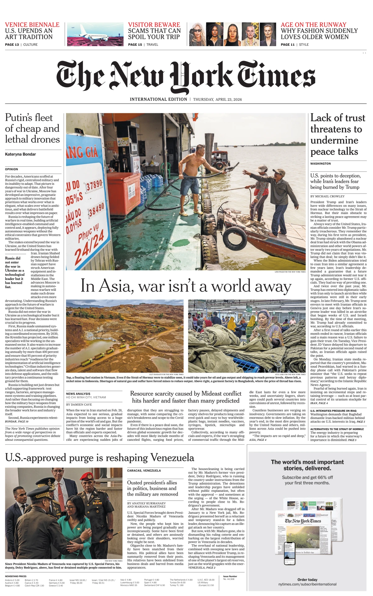 Portada de The New York Times (international) del jueves, 23 de abril de 2026