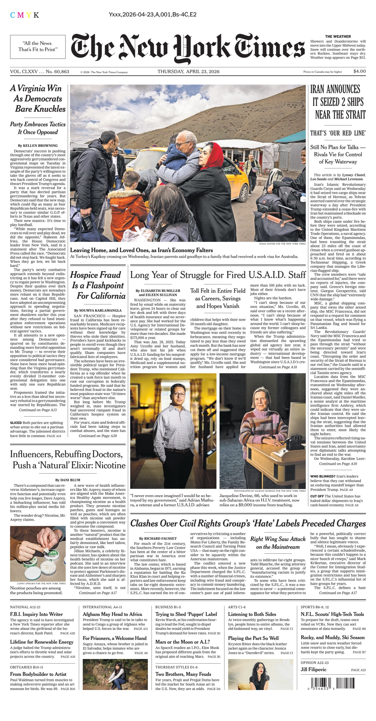 Portada de The New York Times (national) del jueves, 23 de abril de 2026