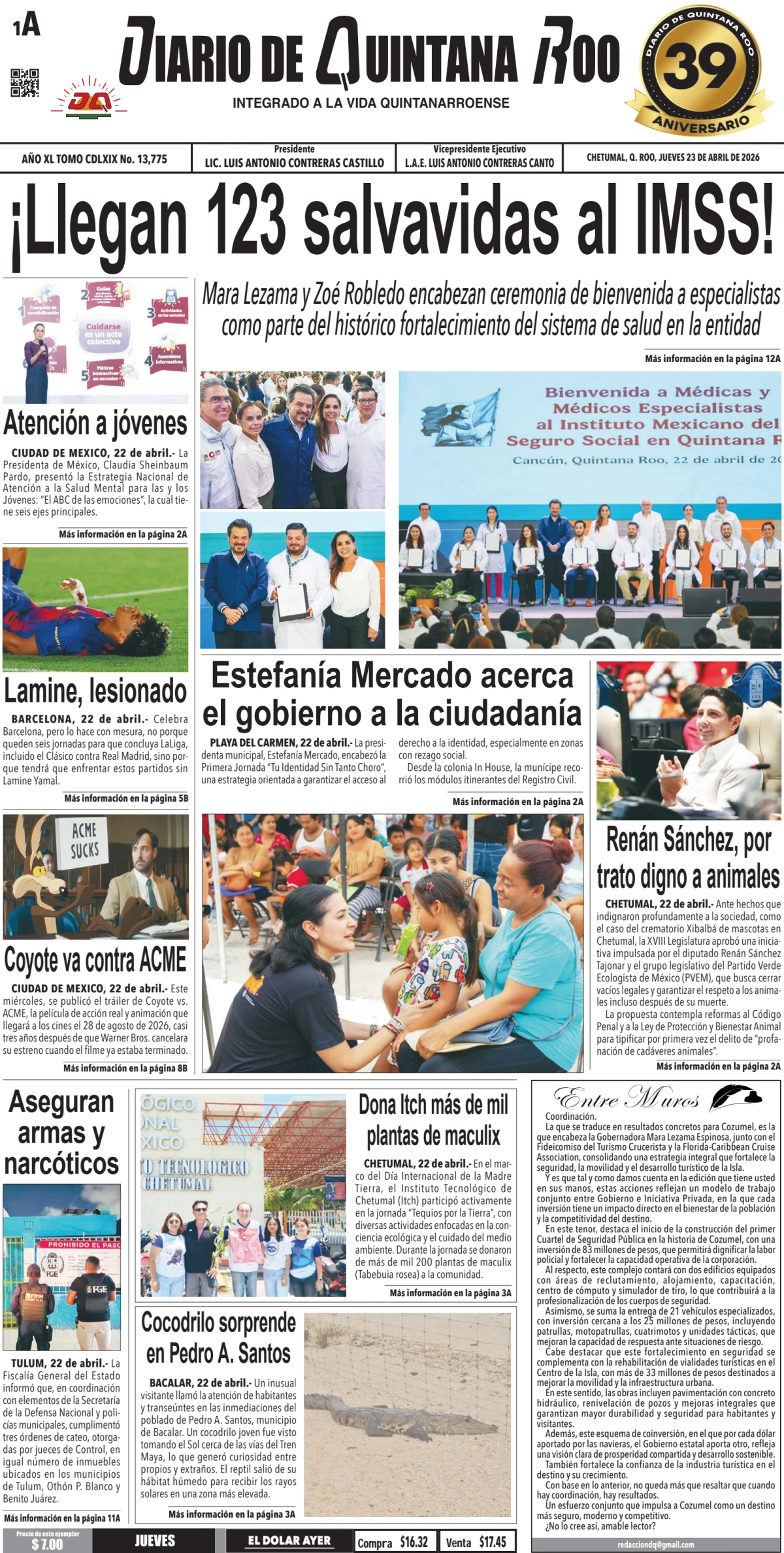 Portada de Diario de Quintana Roo (portada) del jueves, 23 de abril de 2026