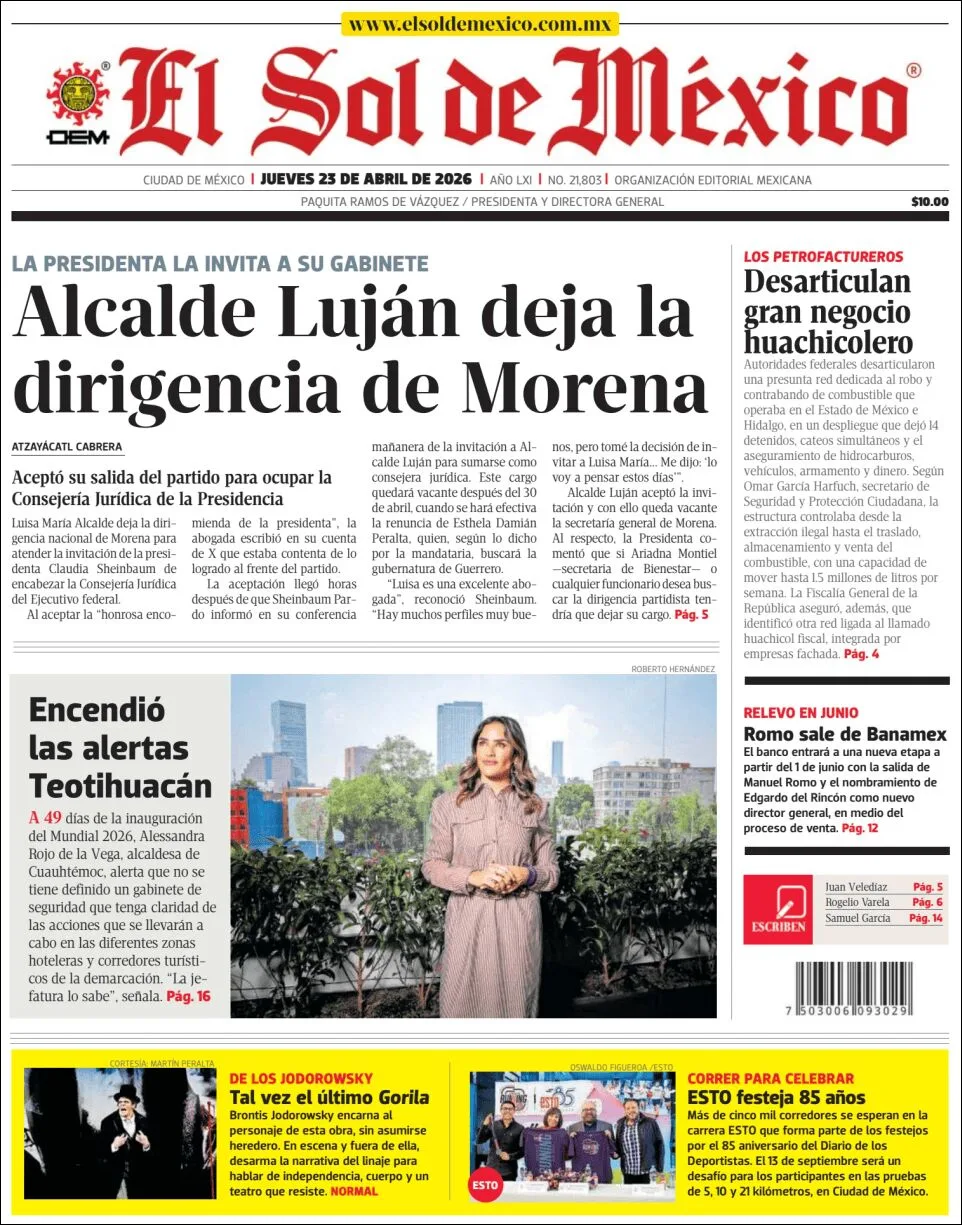 Portada de El Sol de Mexico del jueves, 23 de abril de 2026