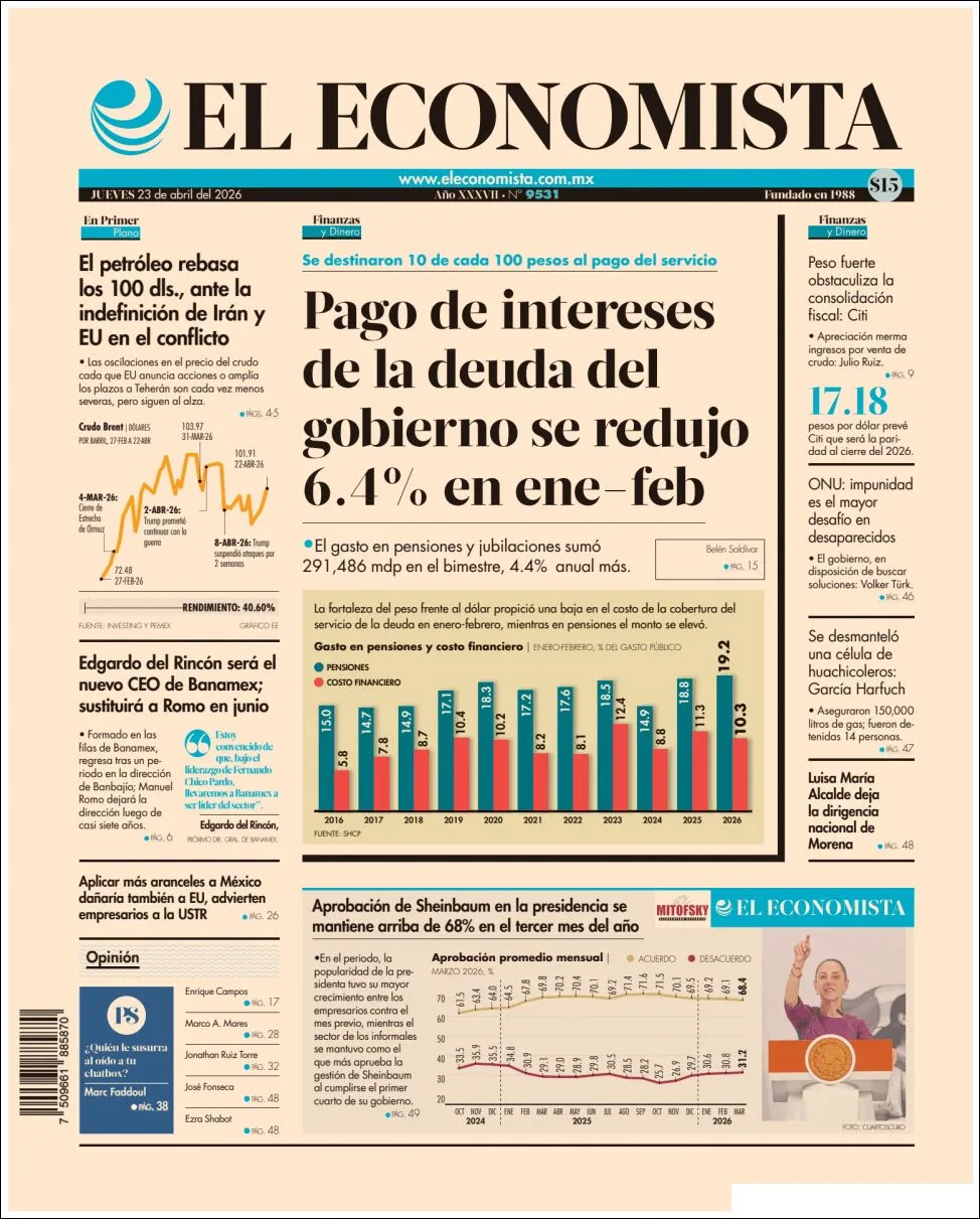 Portada de El Economista del jueves, 23 de abril de 2026