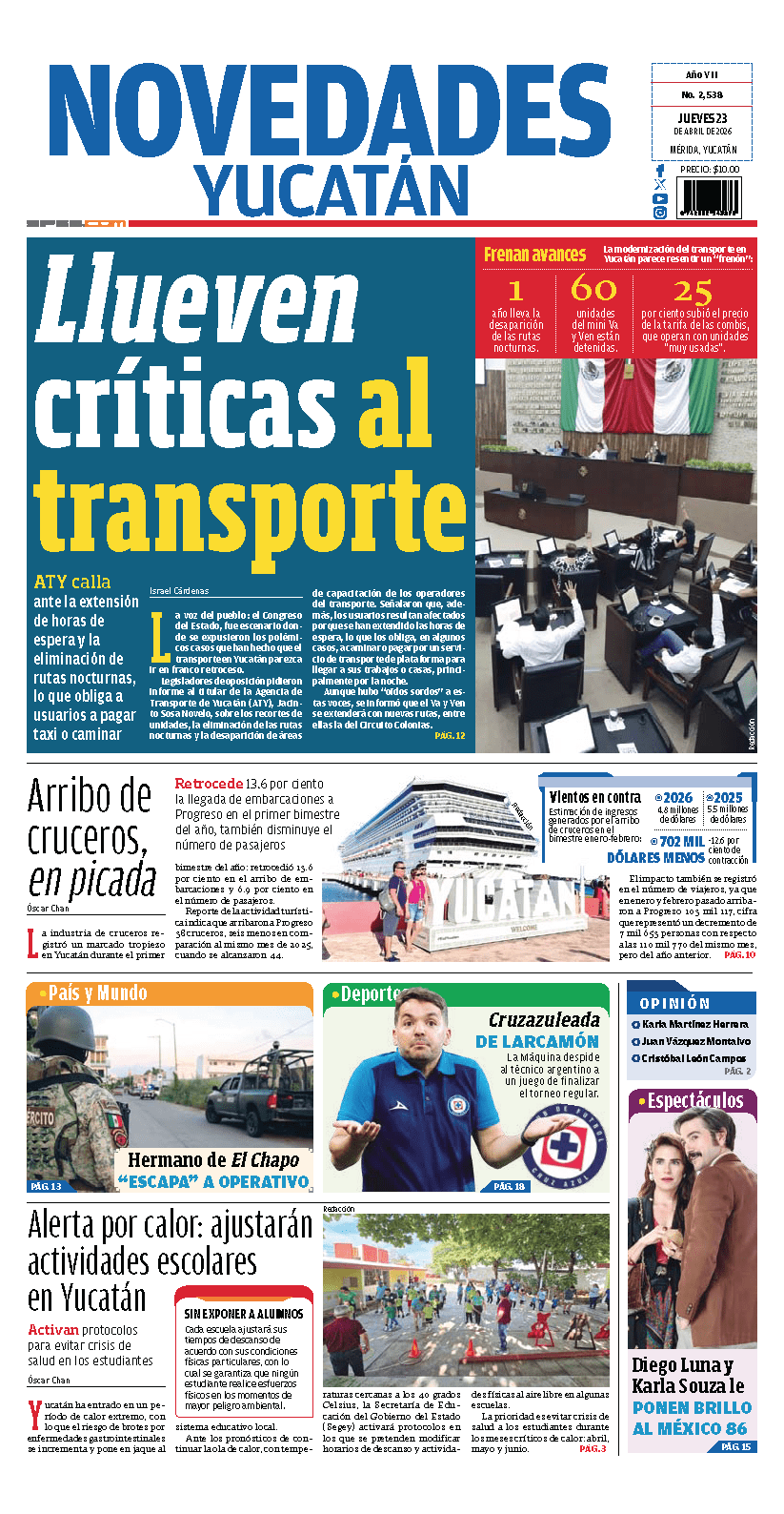 Portada de Novedades Yucatan del jueves, 23 de abril de 2026