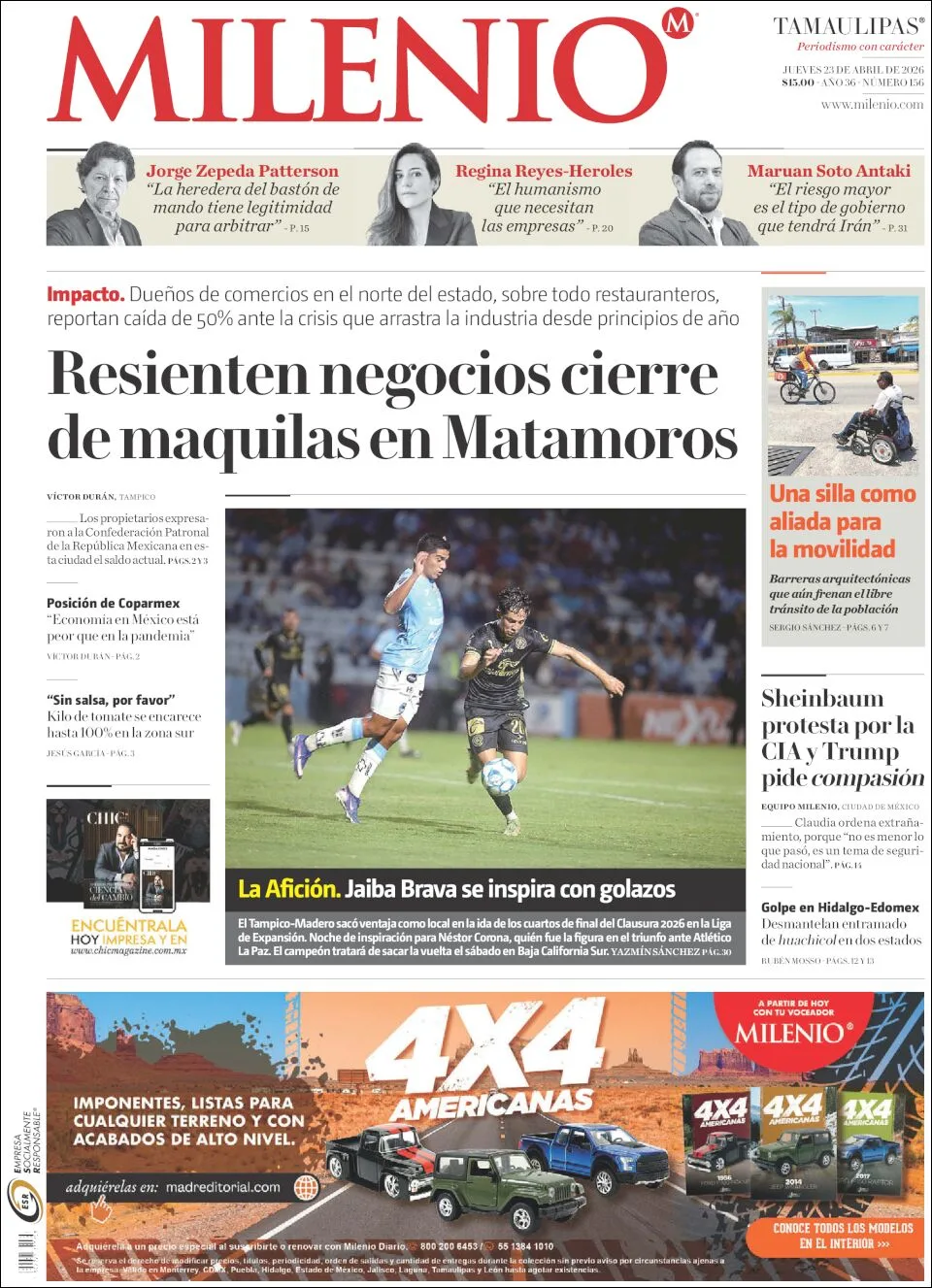 Portada de Milenio Tamaulipas del jueves, 23 de abril de 2026