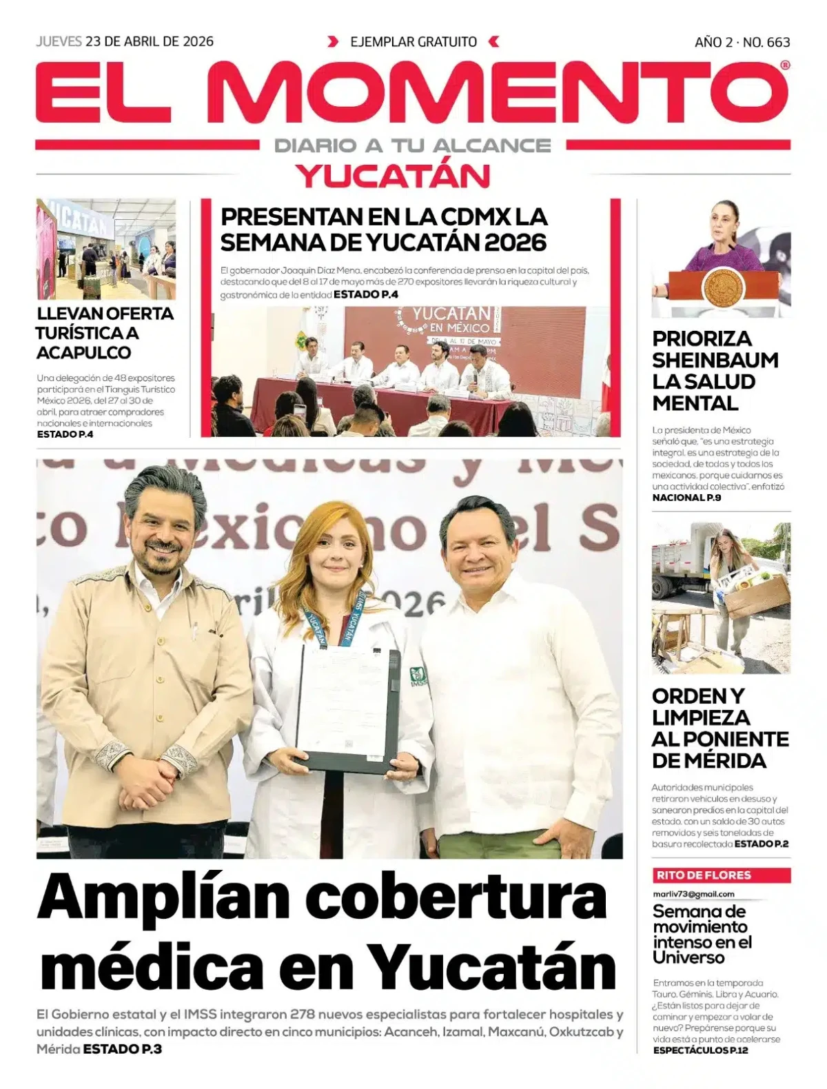 Portada de El Momento Yucatan del jueves, 23 de abril de 2026
