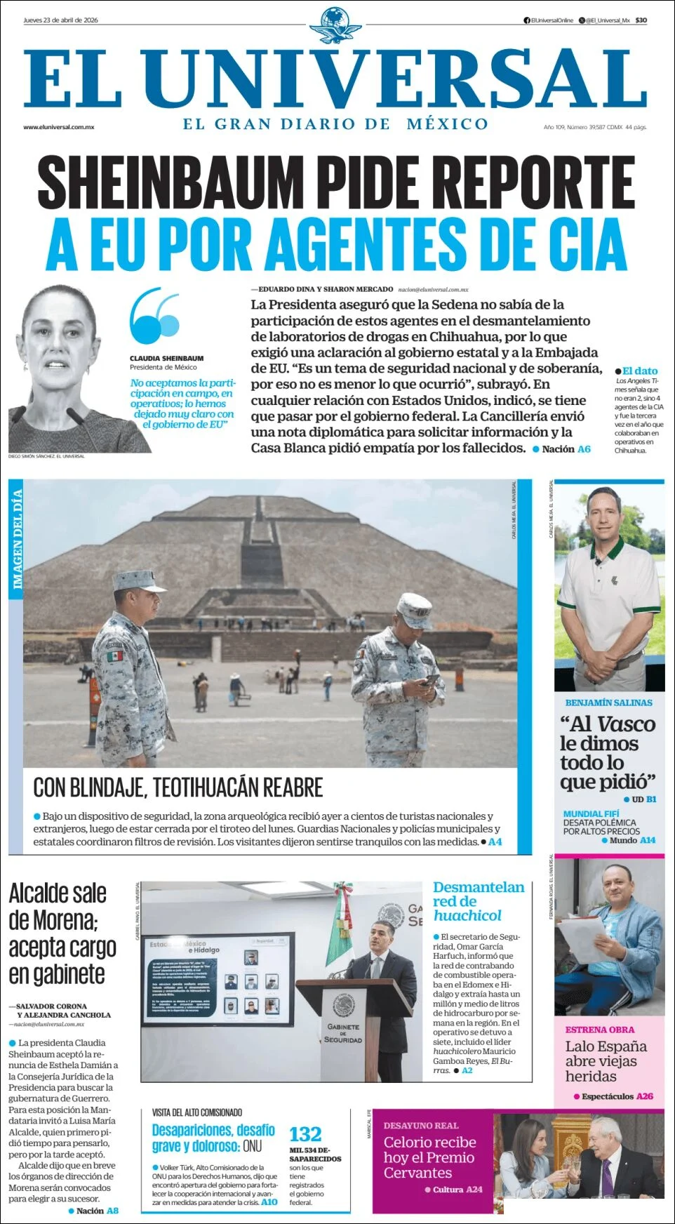 Portada de El Universal del jueves, 23 de abril de 2026