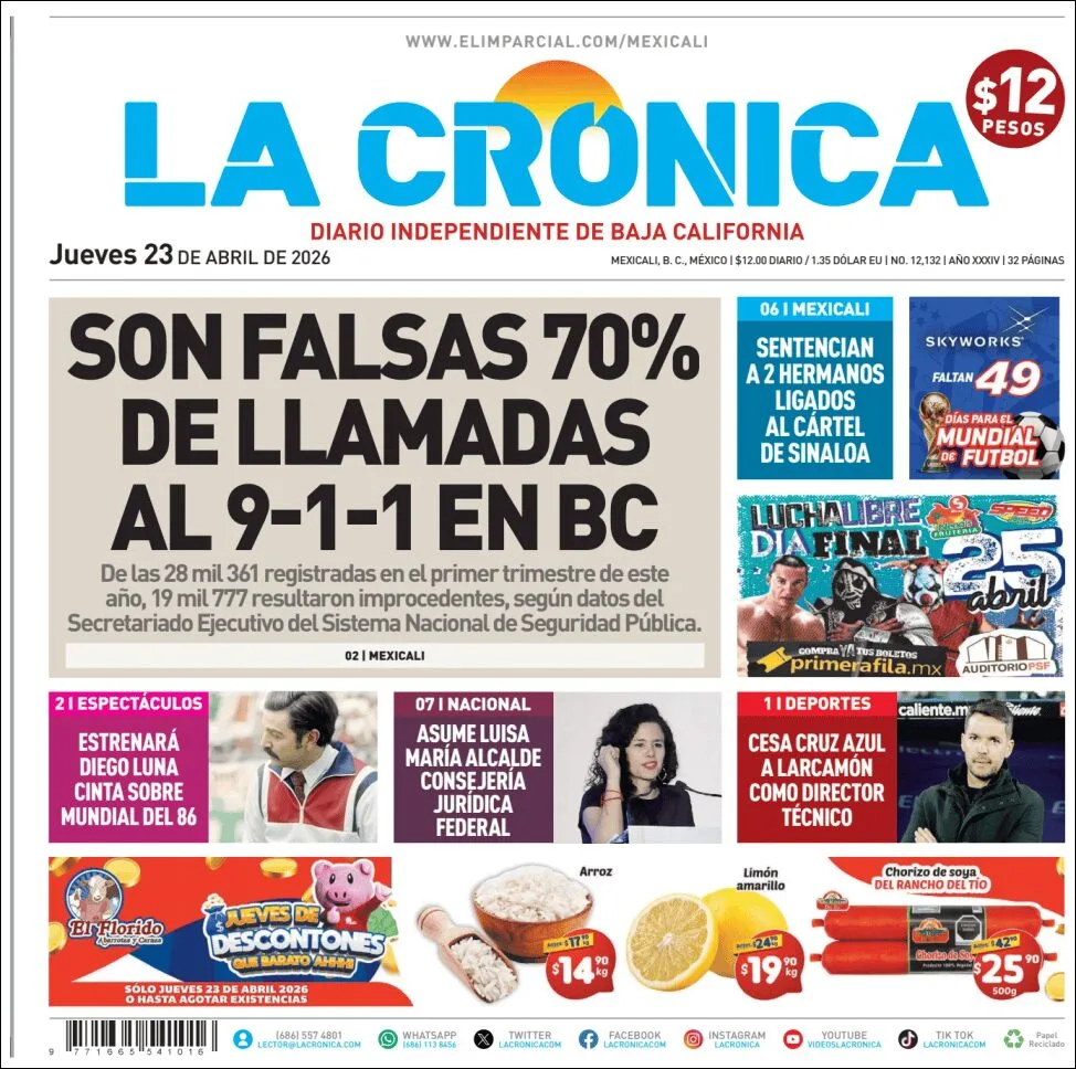 Portada de La Cronica del jueves, 23 de abril de 2026