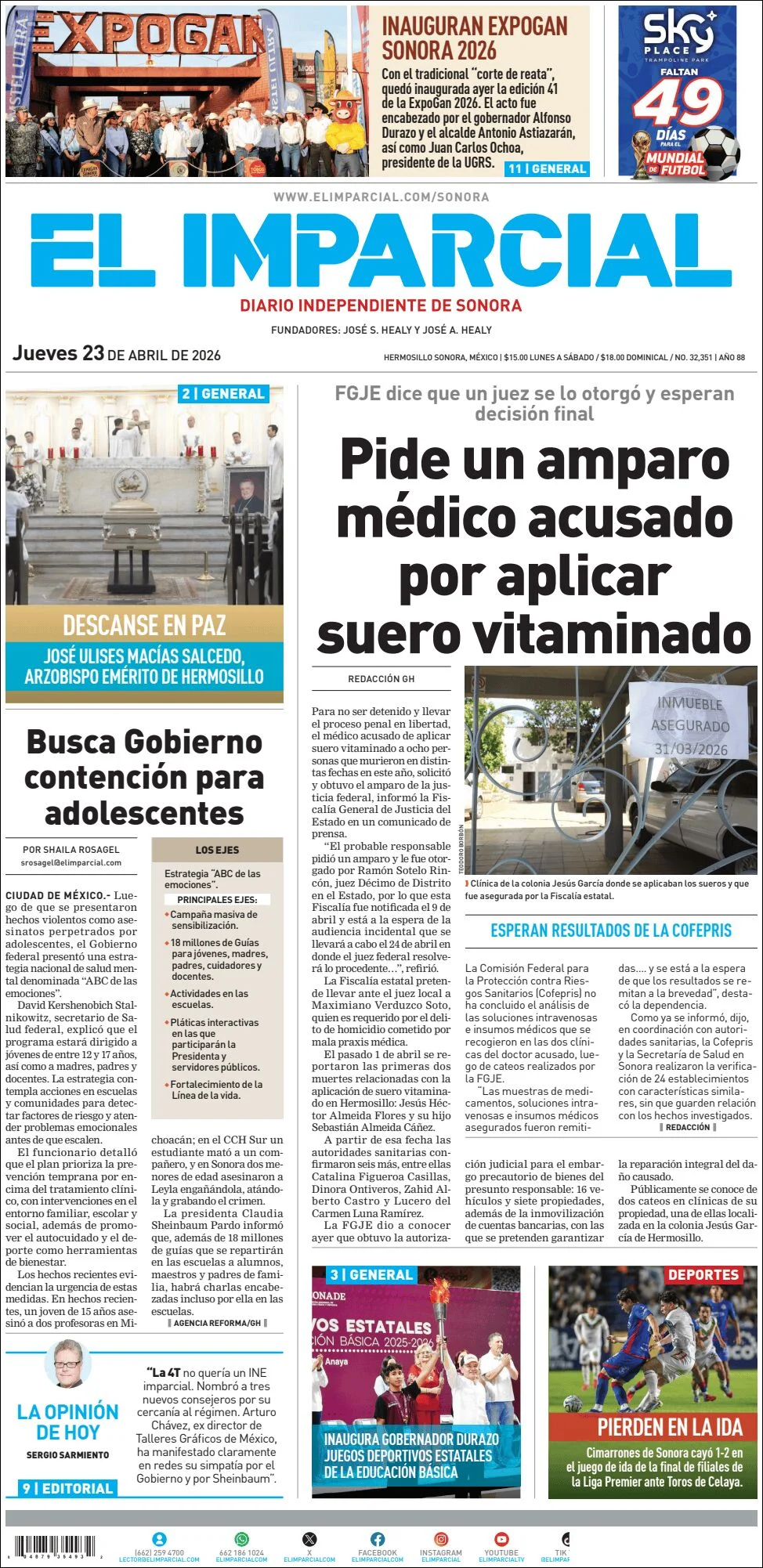 Portada de El Imparcial del jueves, 23 de abril de 2026