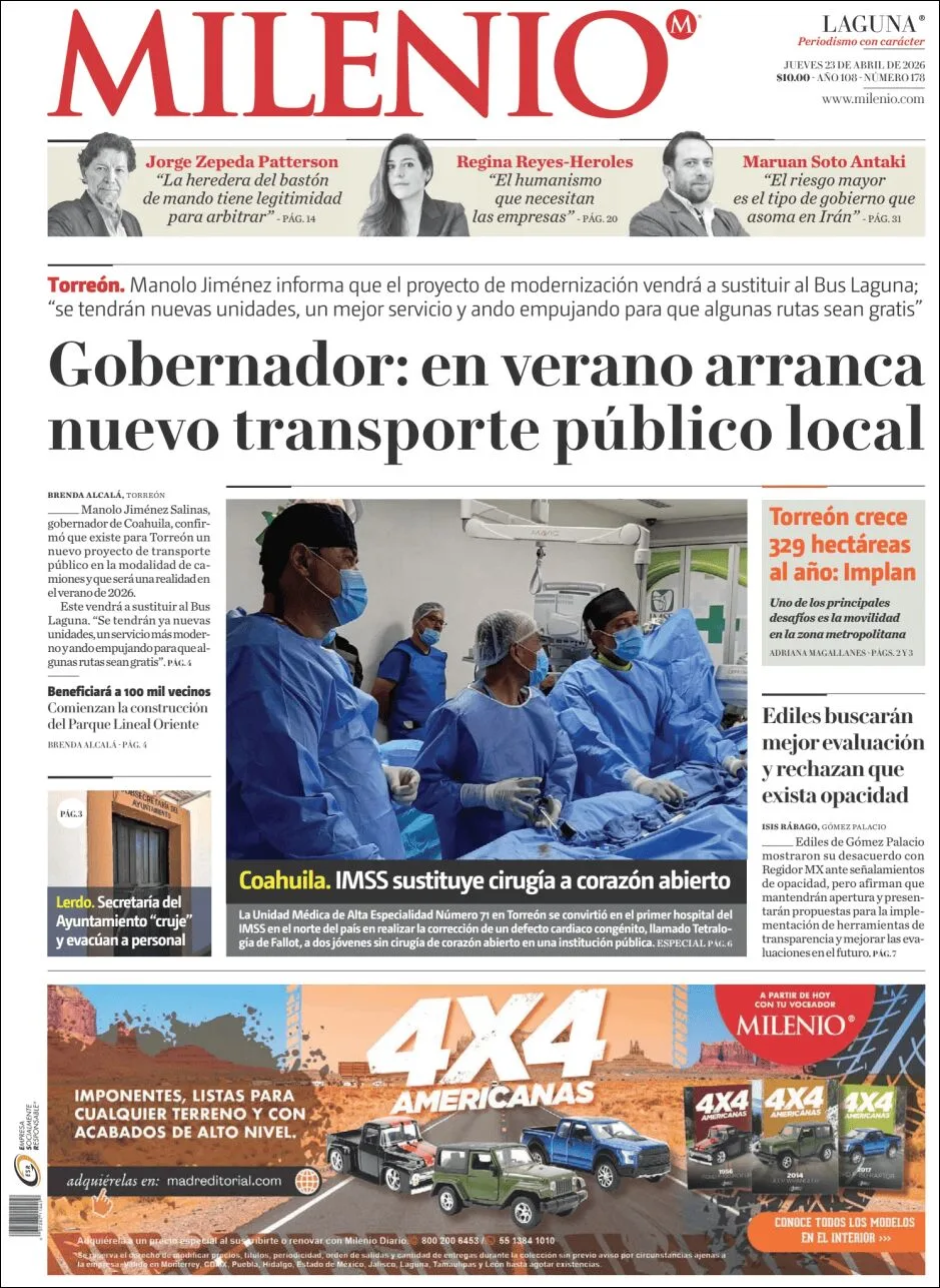 Portada de Milenio Laguna del jueves, 23 de abril de 2026