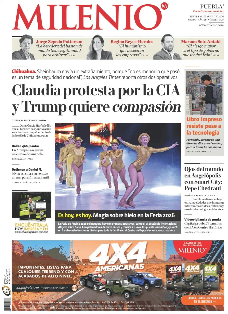 Portada de Milenio Puebla del jueves, 23 de abril de 2026