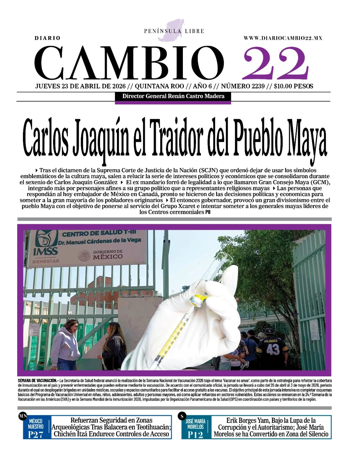 Portada de Diario Cambio 22 (portada) del jueves, 23 de abril de 2026