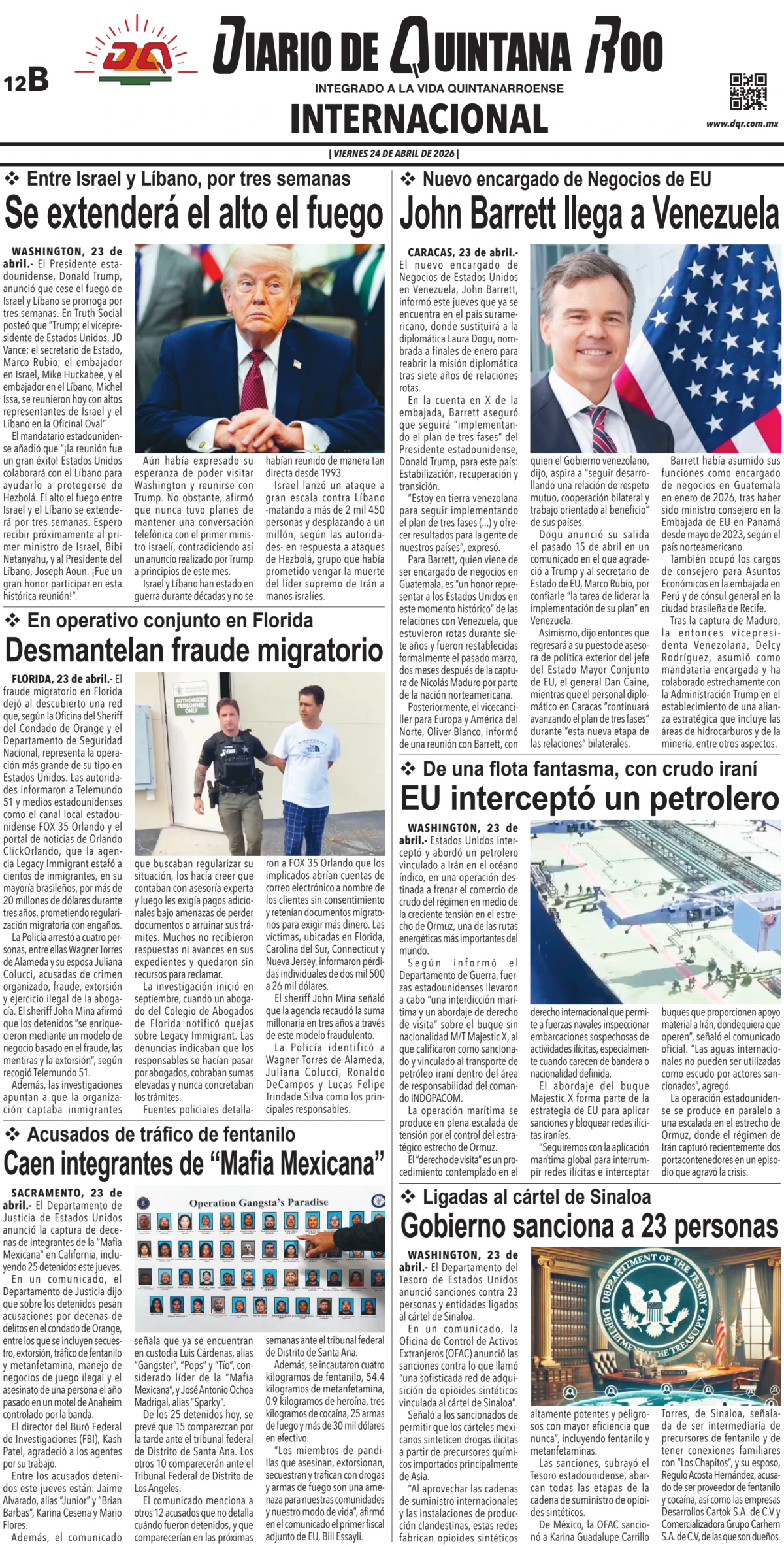Portada de Diario de Quintana Roo (contra Portada) del viernes, 24 de abril de 2026