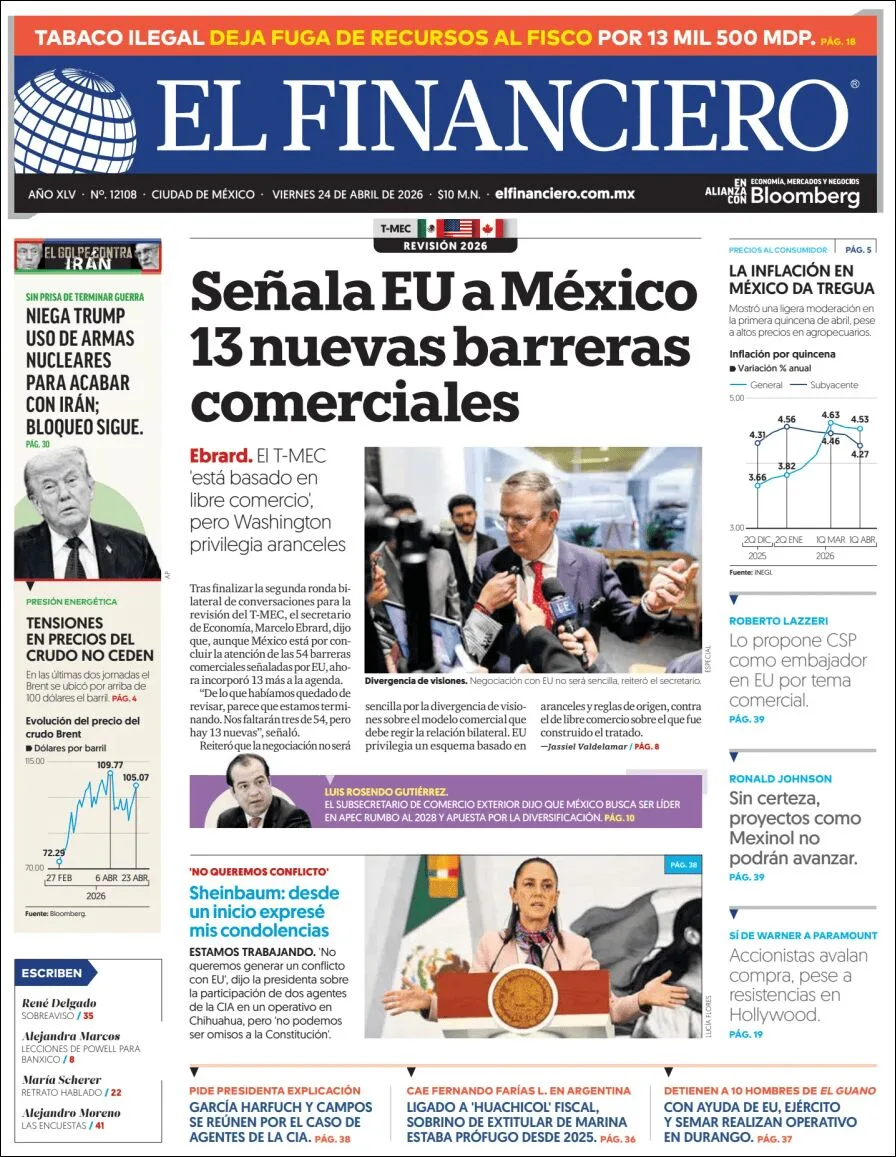 Portada de El Financiero del viernes, 24 de abril de 2026