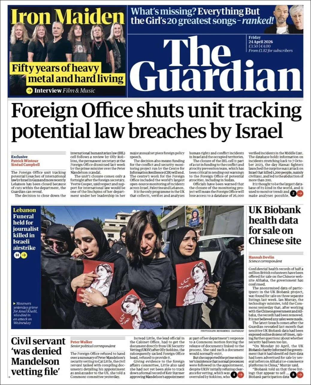 Portada de The Guardian (reino Unido) del viernes, 24 de abril de 2026