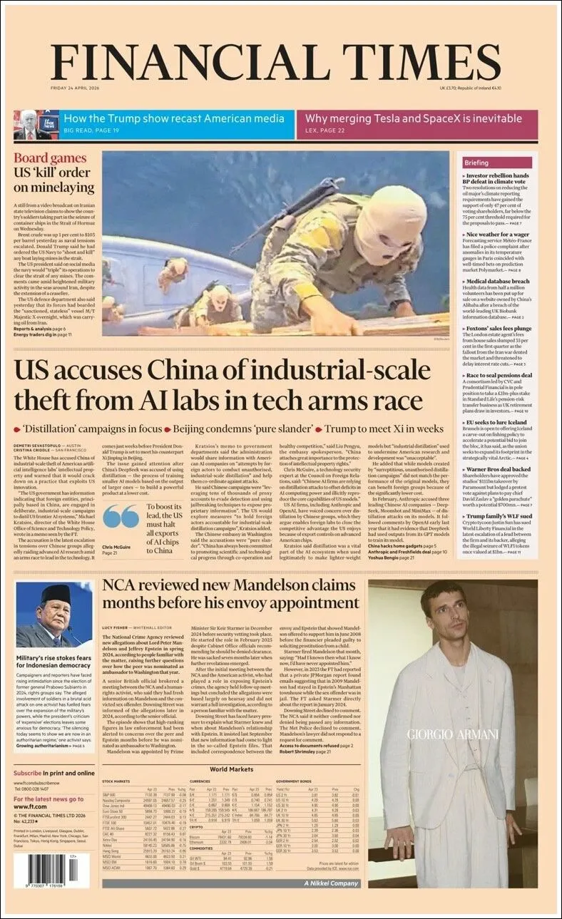 Portada de Financial Times del viernes, 24 de abril de 2026