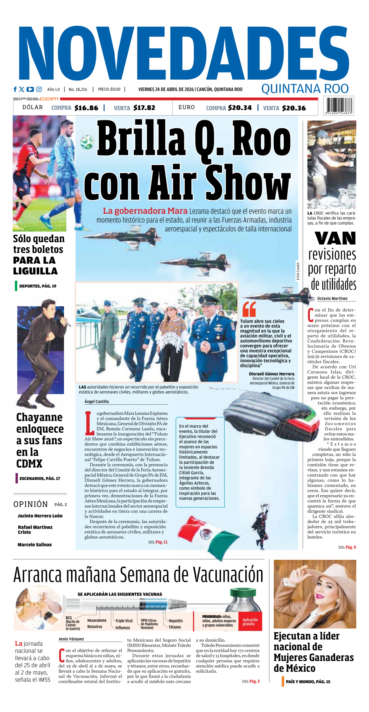 Portada de Novedades Quintana Roo del viernes, 24 de abril de 2026