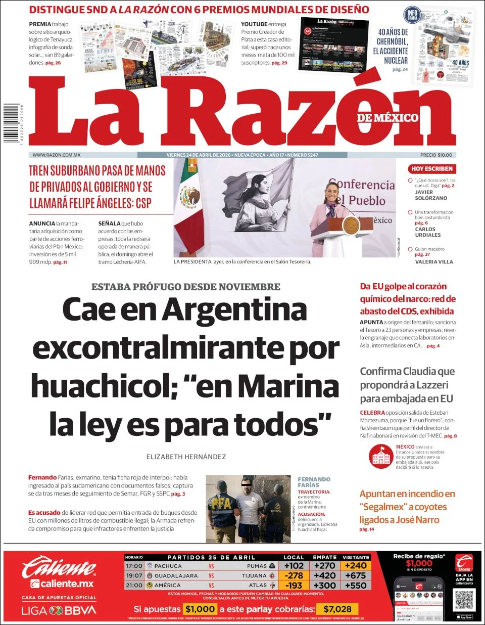 Portada de La Razon del viernes, 24 de abril de 2026