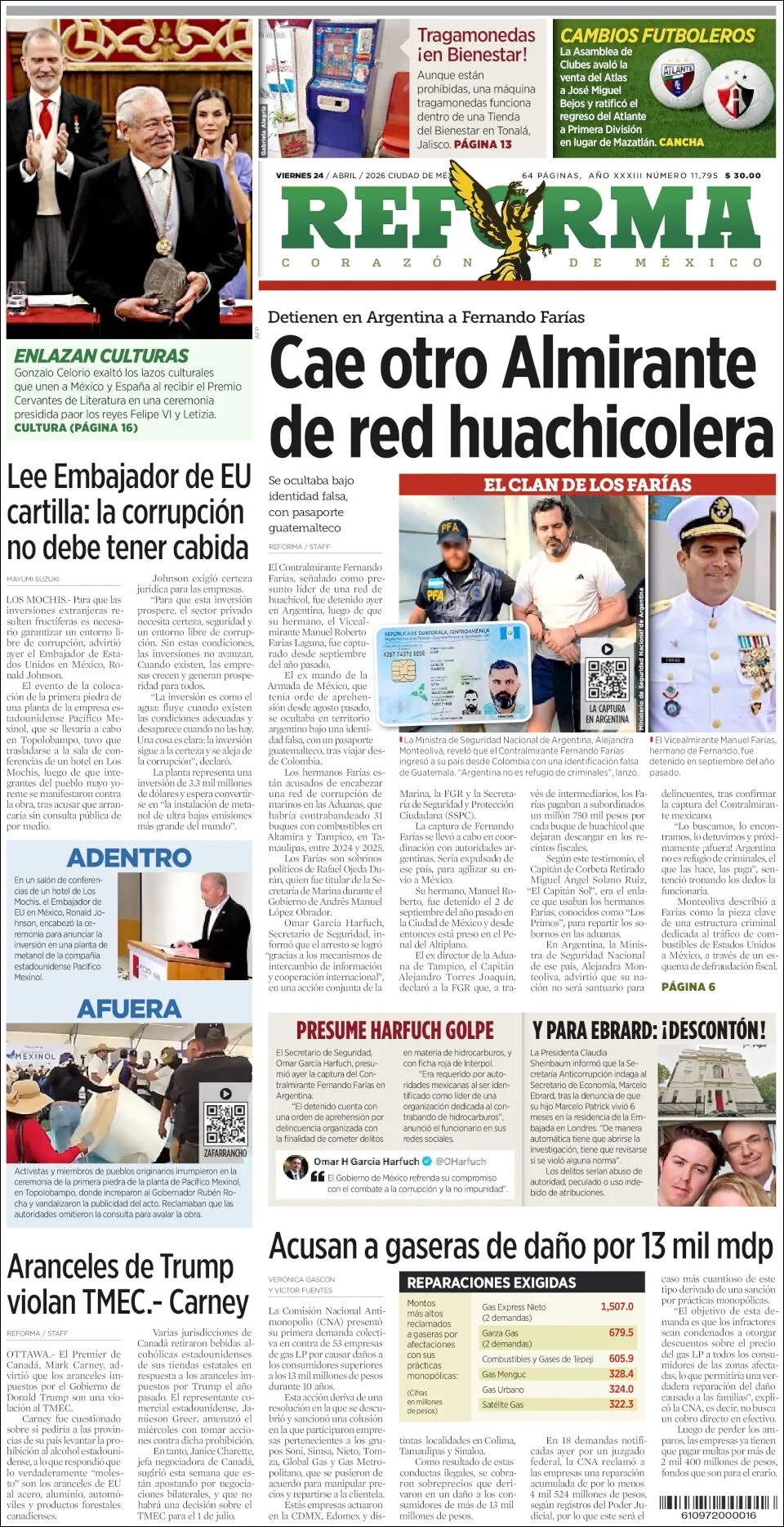 Portada de Reforma del viernes, 24 de abril de 2026