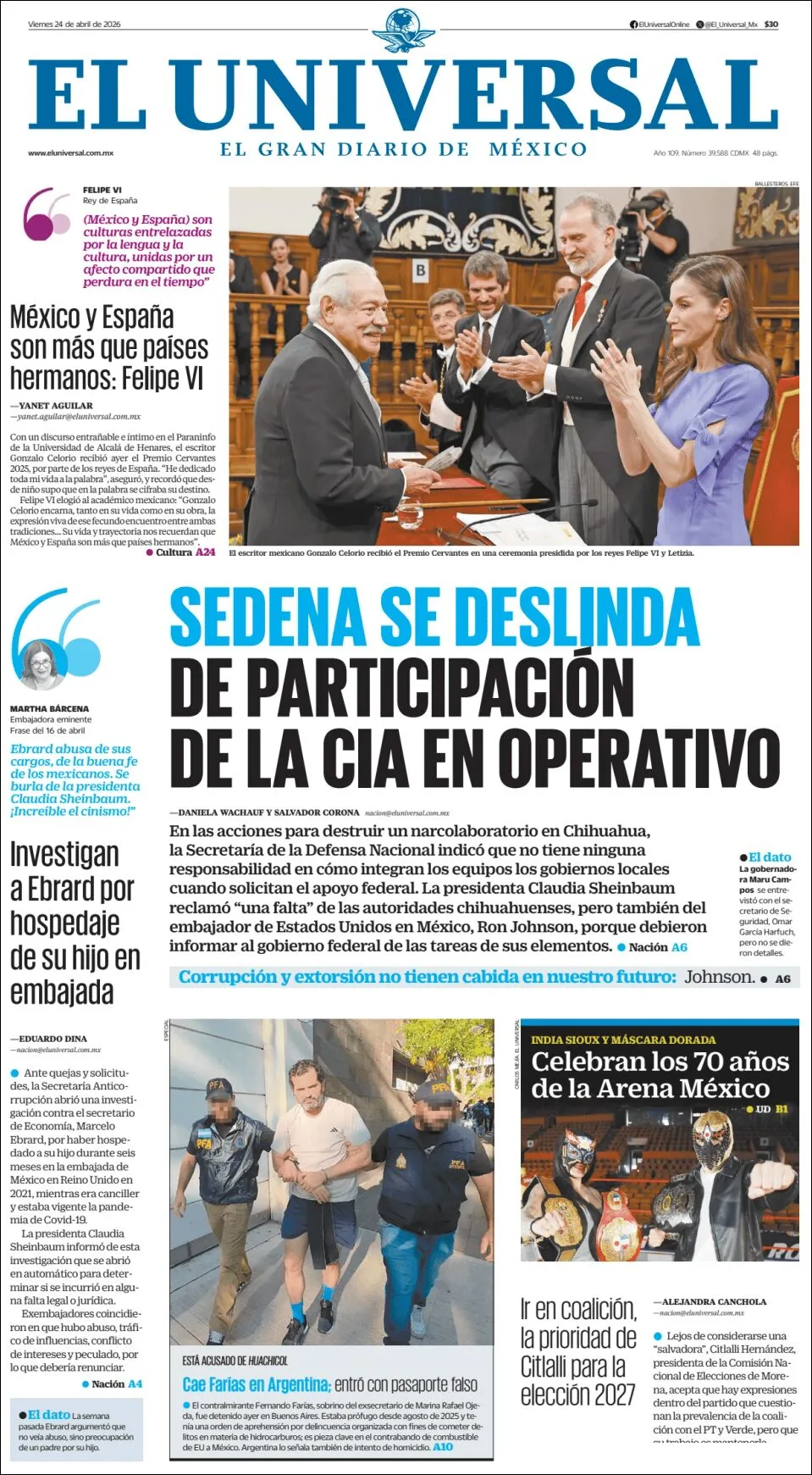 Portada de El Universal del viernes, 24 de abril de 2026