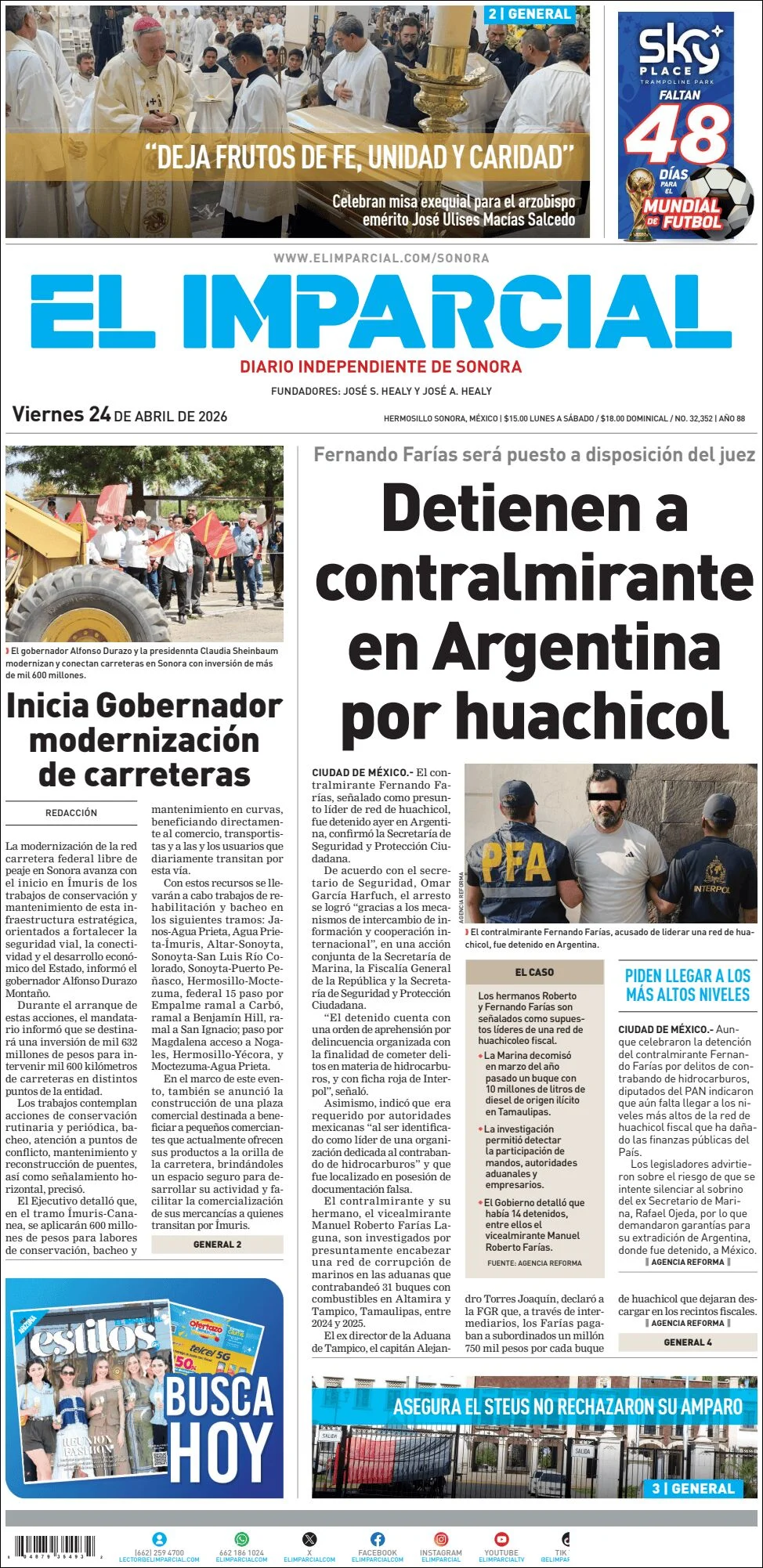 Portada de El Imparcial del viernes, 24 de abril de 2026