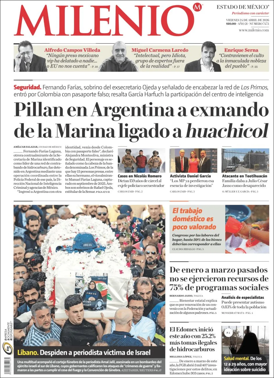 Portada de Milenio Edo de Mexico del viernes, 24 de abril de 2026