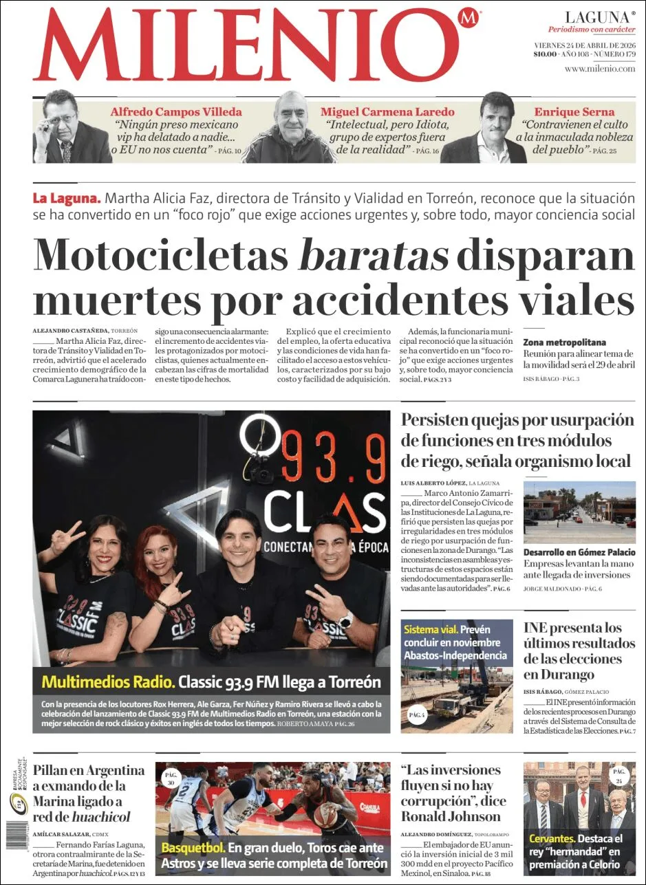 Portada de Milenio Laguna del viernes, 24 de abril de 2026