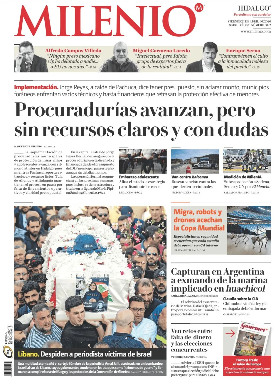 Portada de Milenio Hidalgo del viernes, 24 de abril de 2026
