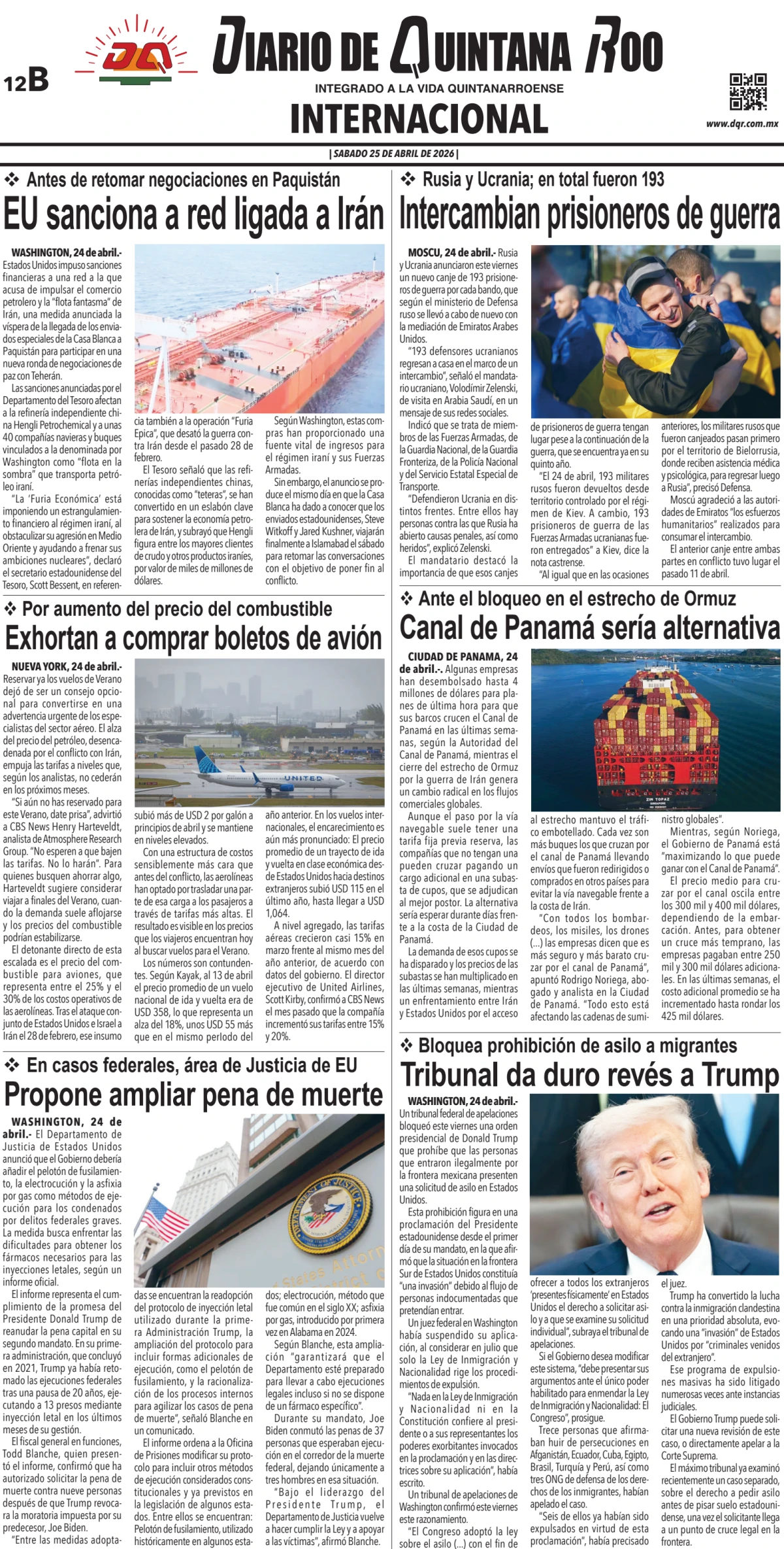 Portada de Diario de Quintana Roo (contra Portada) del sábado, 25 de abril de 2026