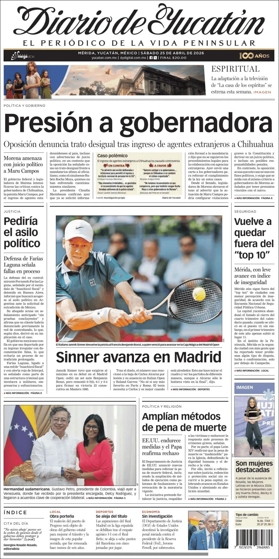 Portada de Diario de Yucatán del sábado, 25 de abril de 2026