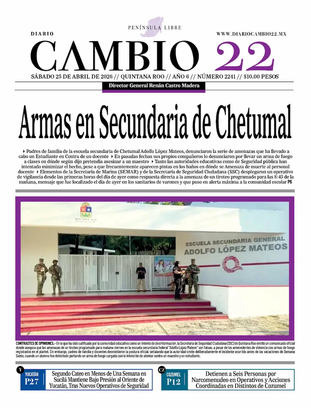 Portada de Diario Cambio 22 (portada) del sábado, 25 de abril de 2026