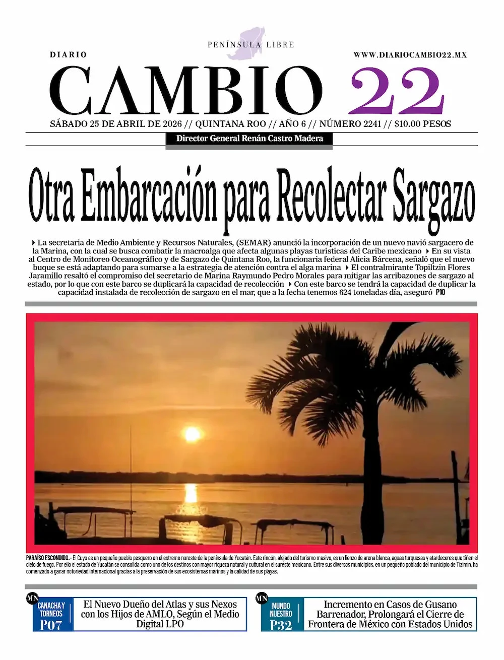 Portada de Diario Cambio 22 (contraportada) del sábado, 25 de abril de 2026