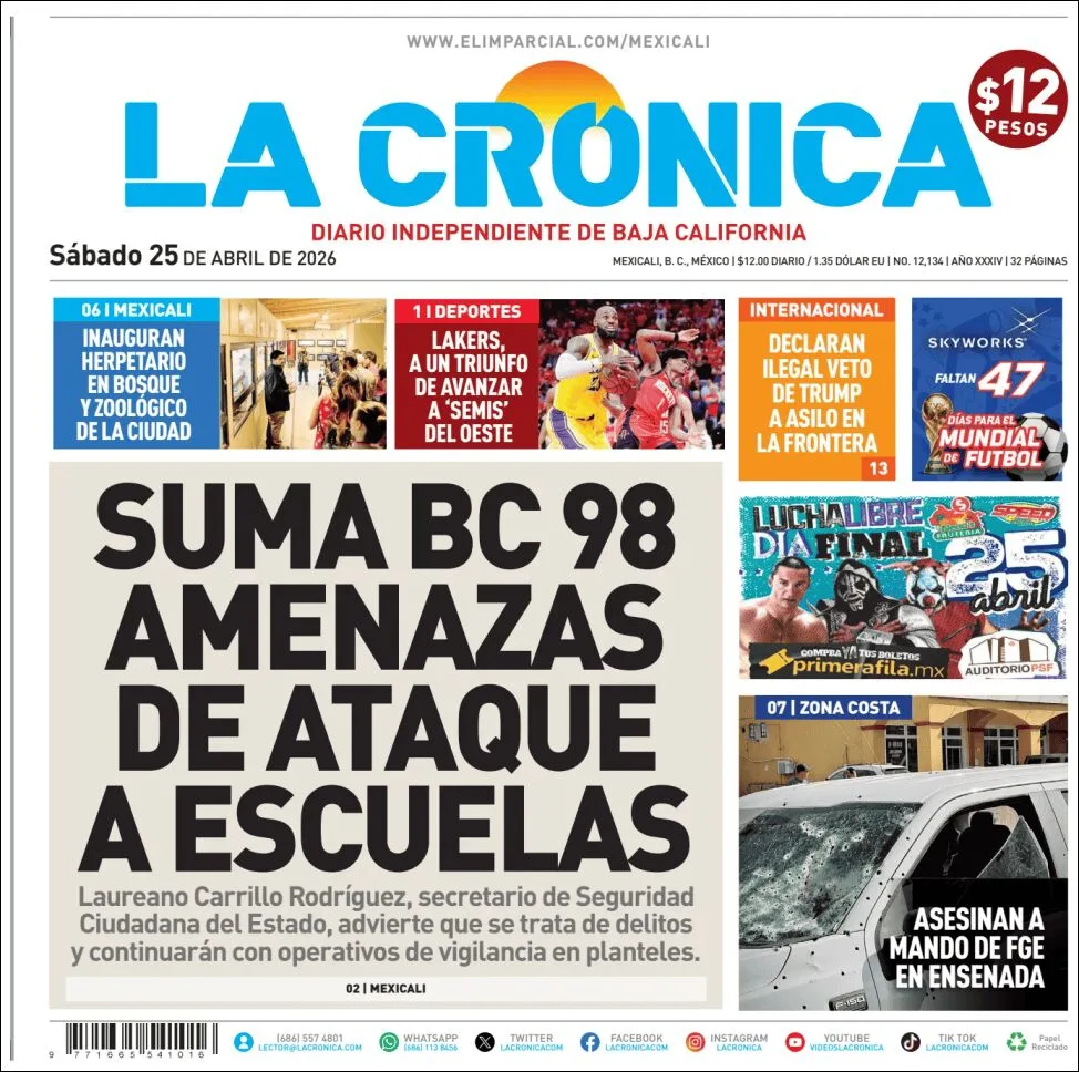 Portada de La Cronica del sábado, 25 de abril de 2026