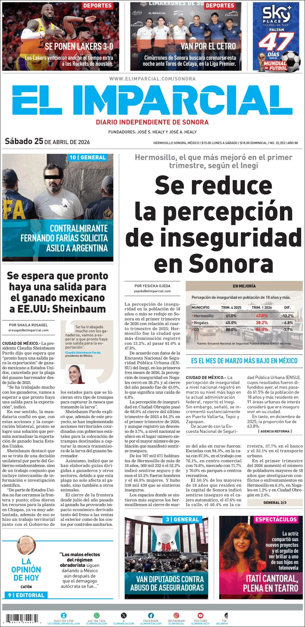 Portada de El Imparcial del sábado, 25 de abril de 2026
