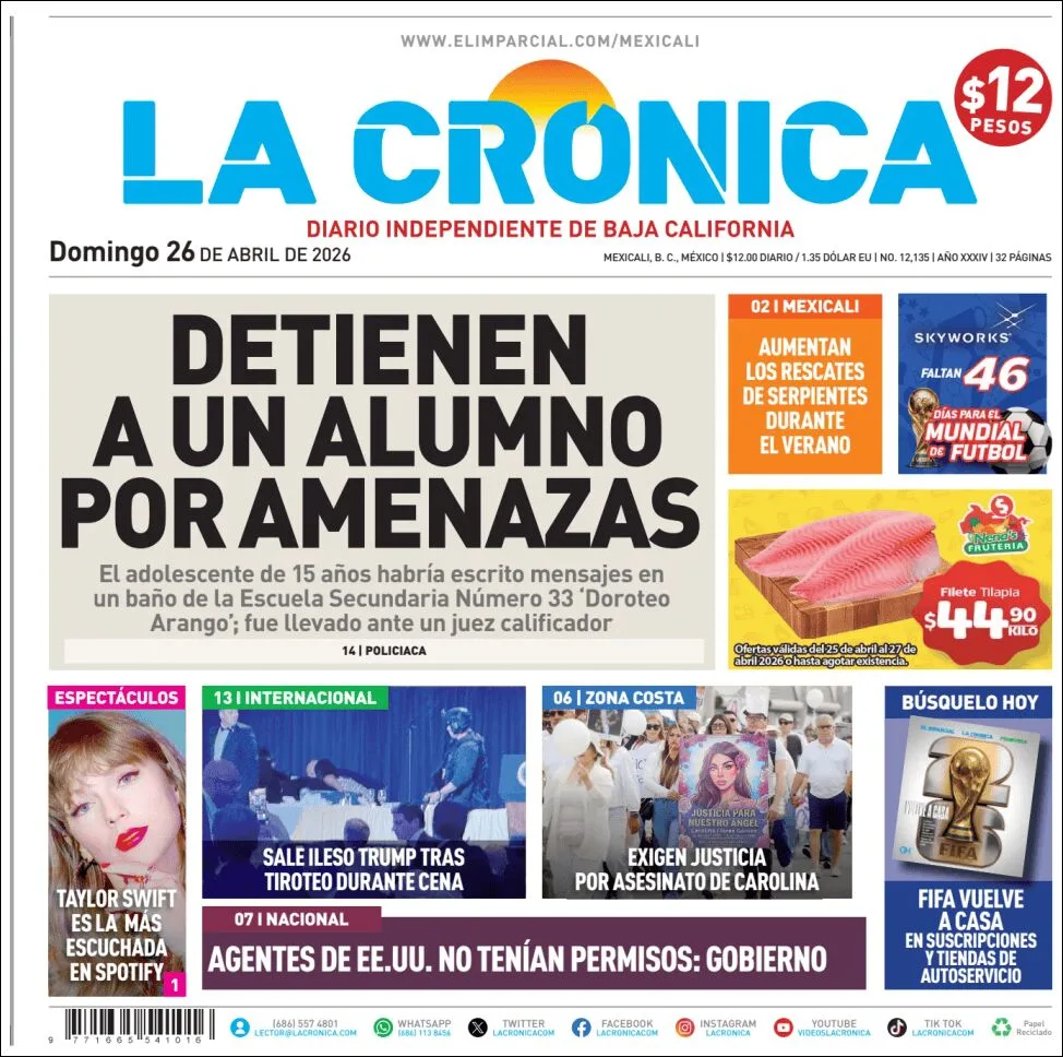 Portada de La Cronica del domingo, 26 de abril de 2026
