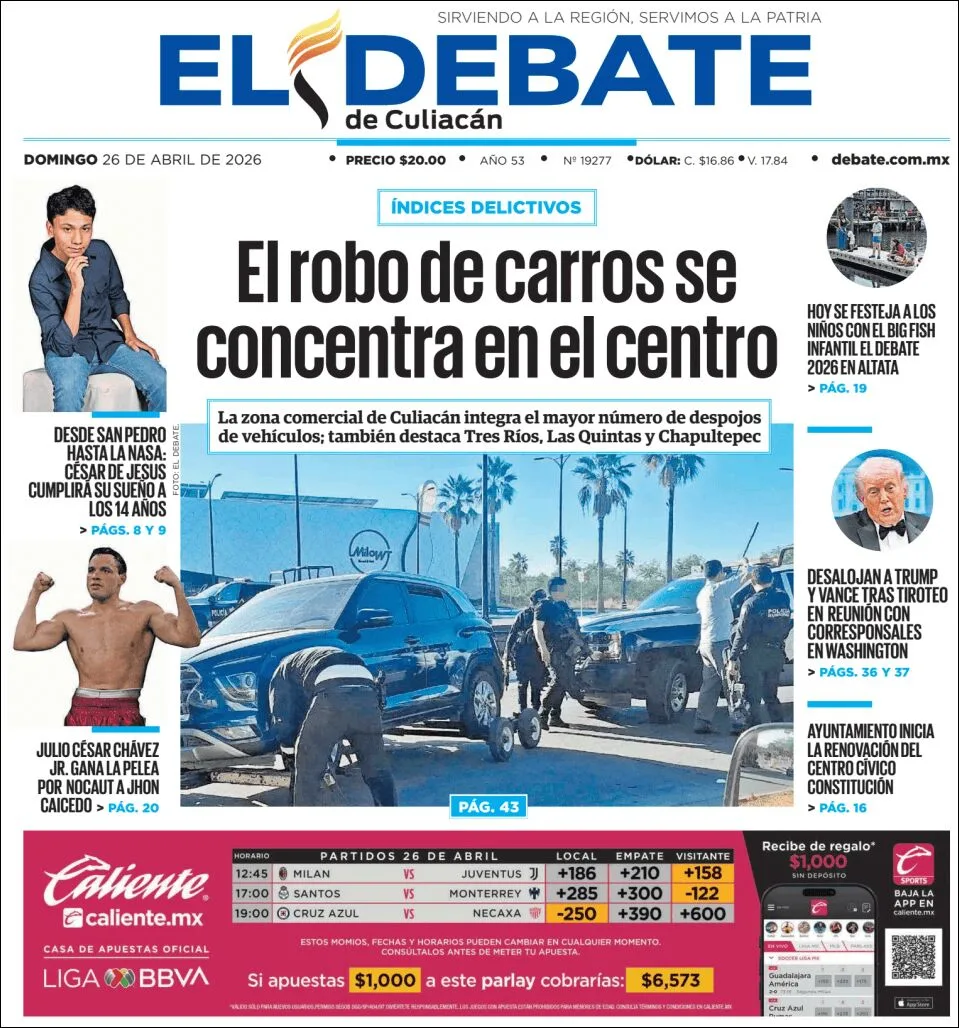 Portada de El Debate de Culiacan del domingo, 26 de abril de 2026