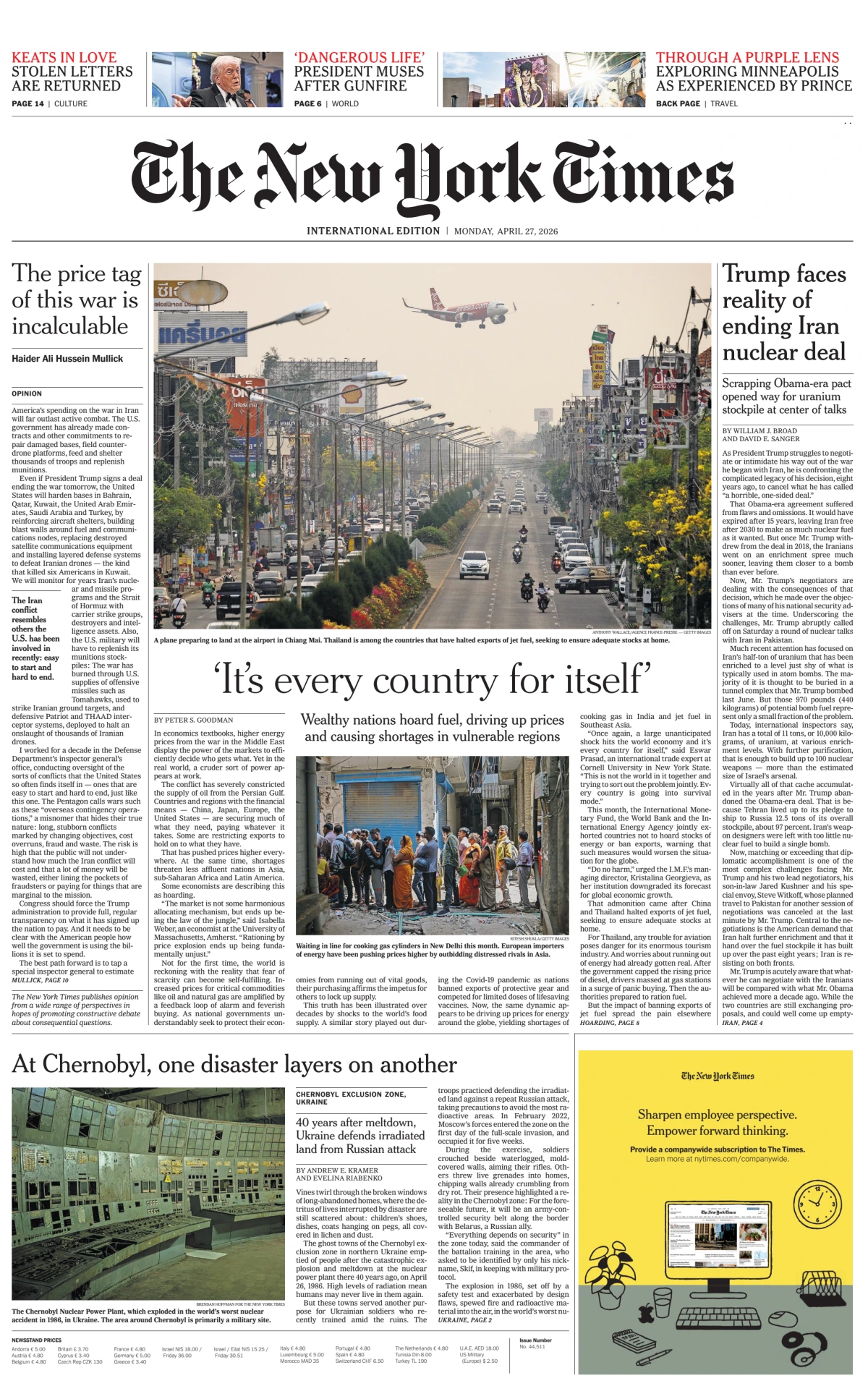 Portada de The New York Times (international) del lunes, 27 de abril de 2026