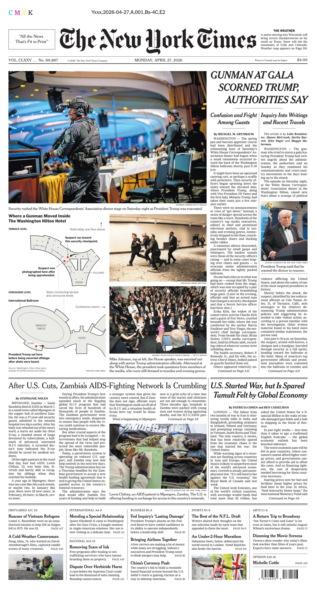 Portada de The New York Times (national) del lunes, 27 de abril de 2026