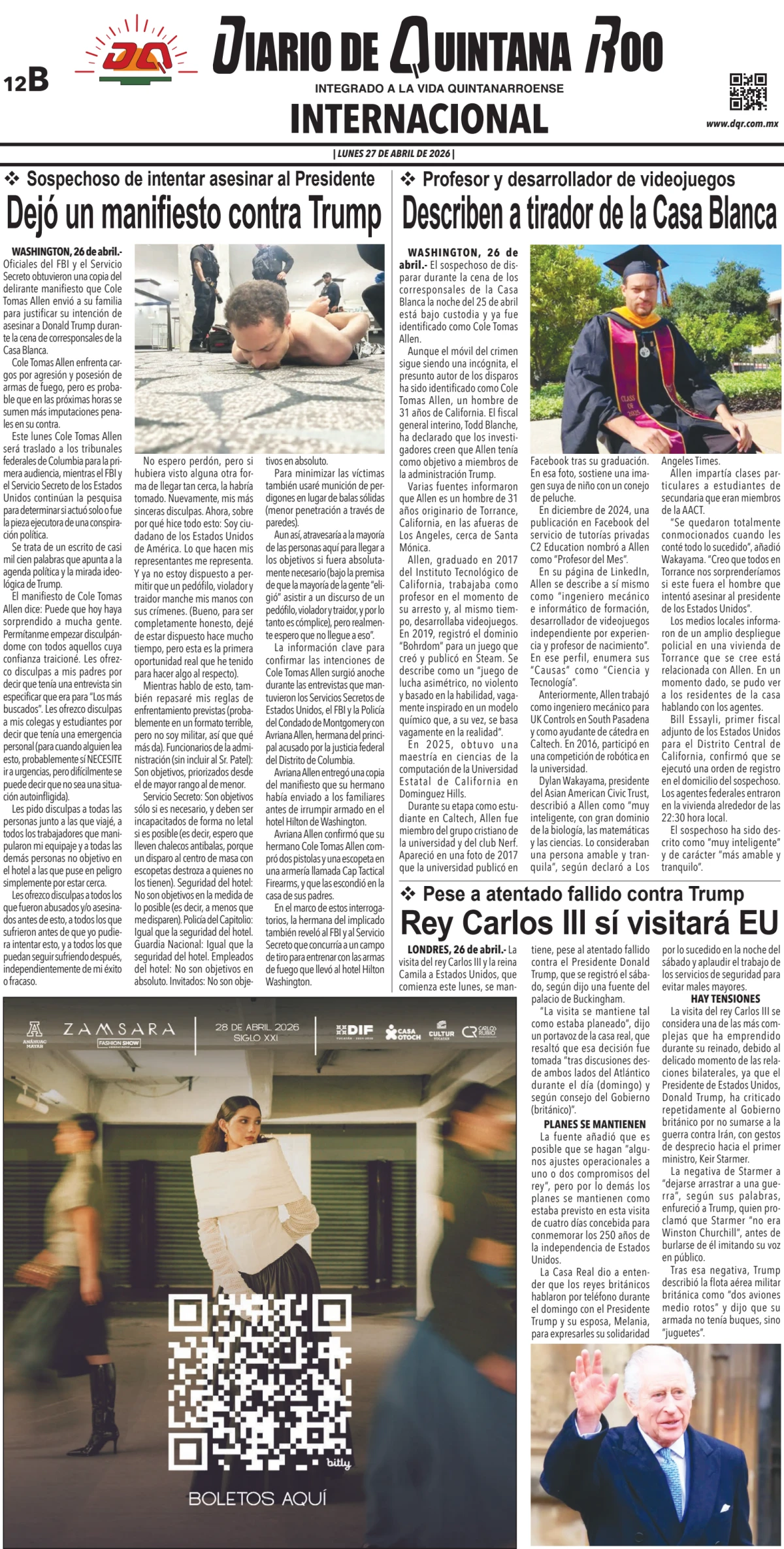 Portada de Diario de Quintana Roo (contra Portada) del lunes, 27 de abril de 2026