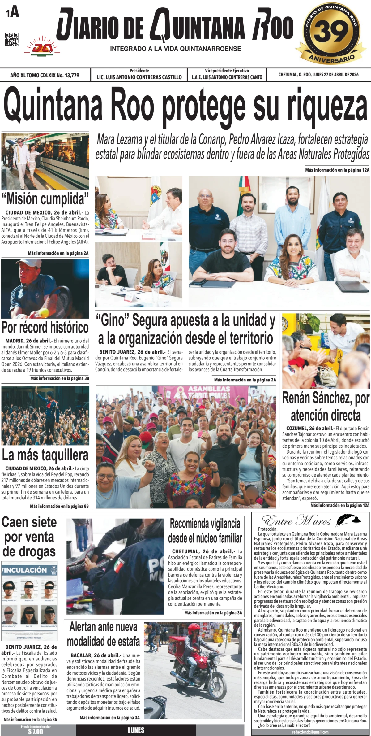 Portada de Diario de Quintana Roo (portada) del lunes, 27 de abril de 2026