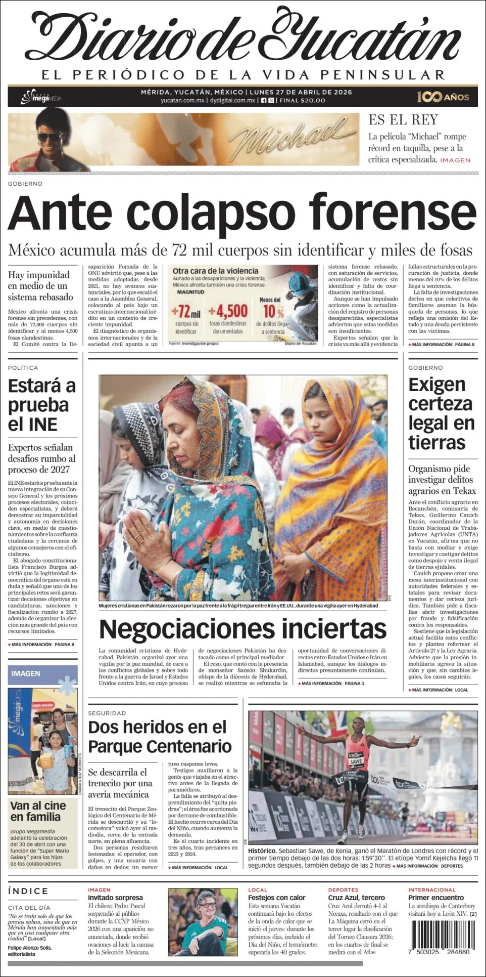 Portada de Diario de Yucatán del lunes, 27 de abril de 2026