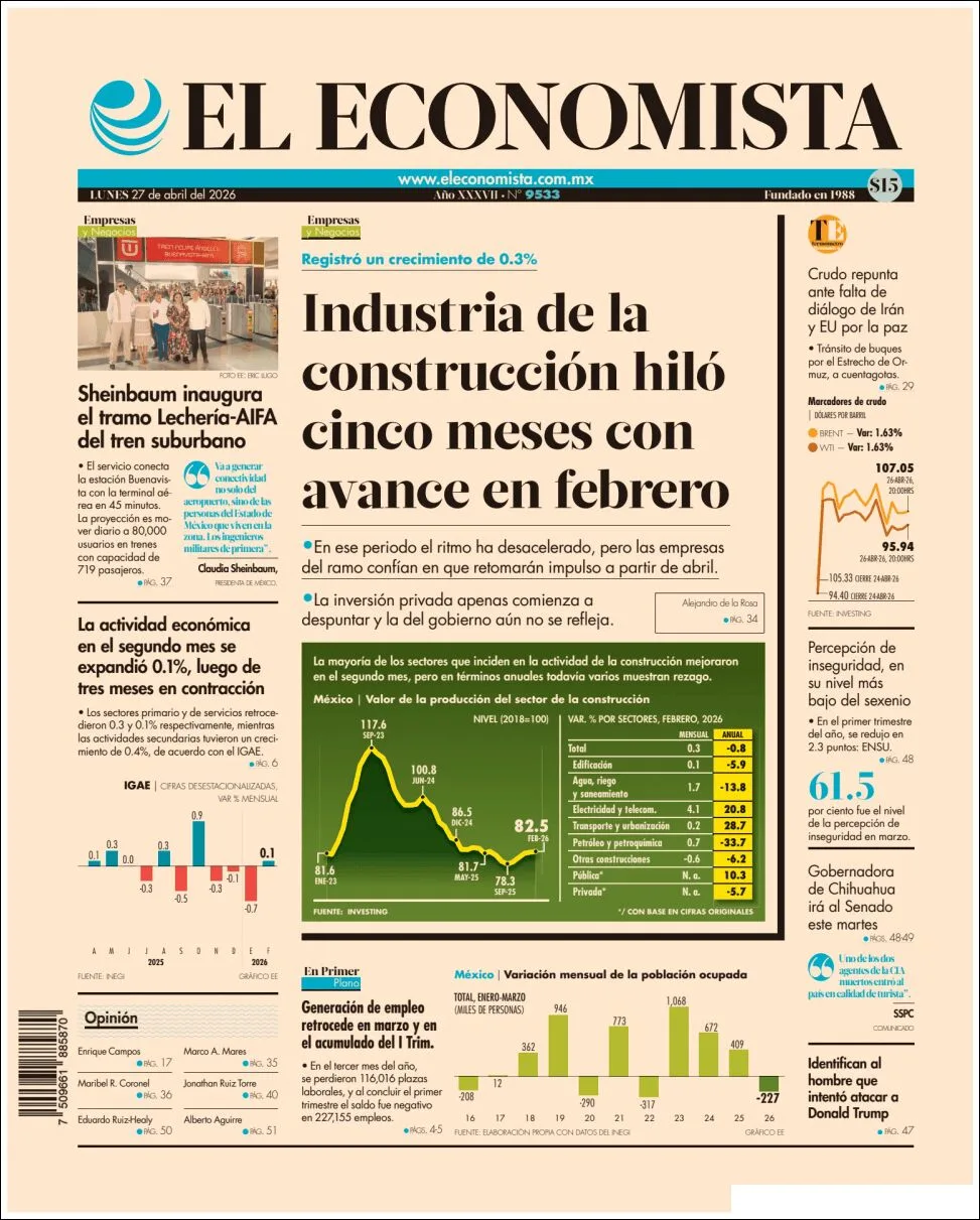 Portada de El Economista del lunes, 27 de abril de 2026